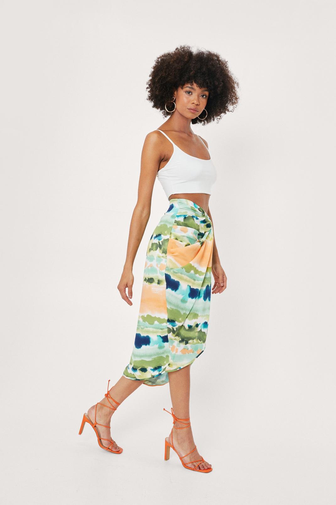 144 Knot Front Tie Dye Print Midi Skirt image number 1