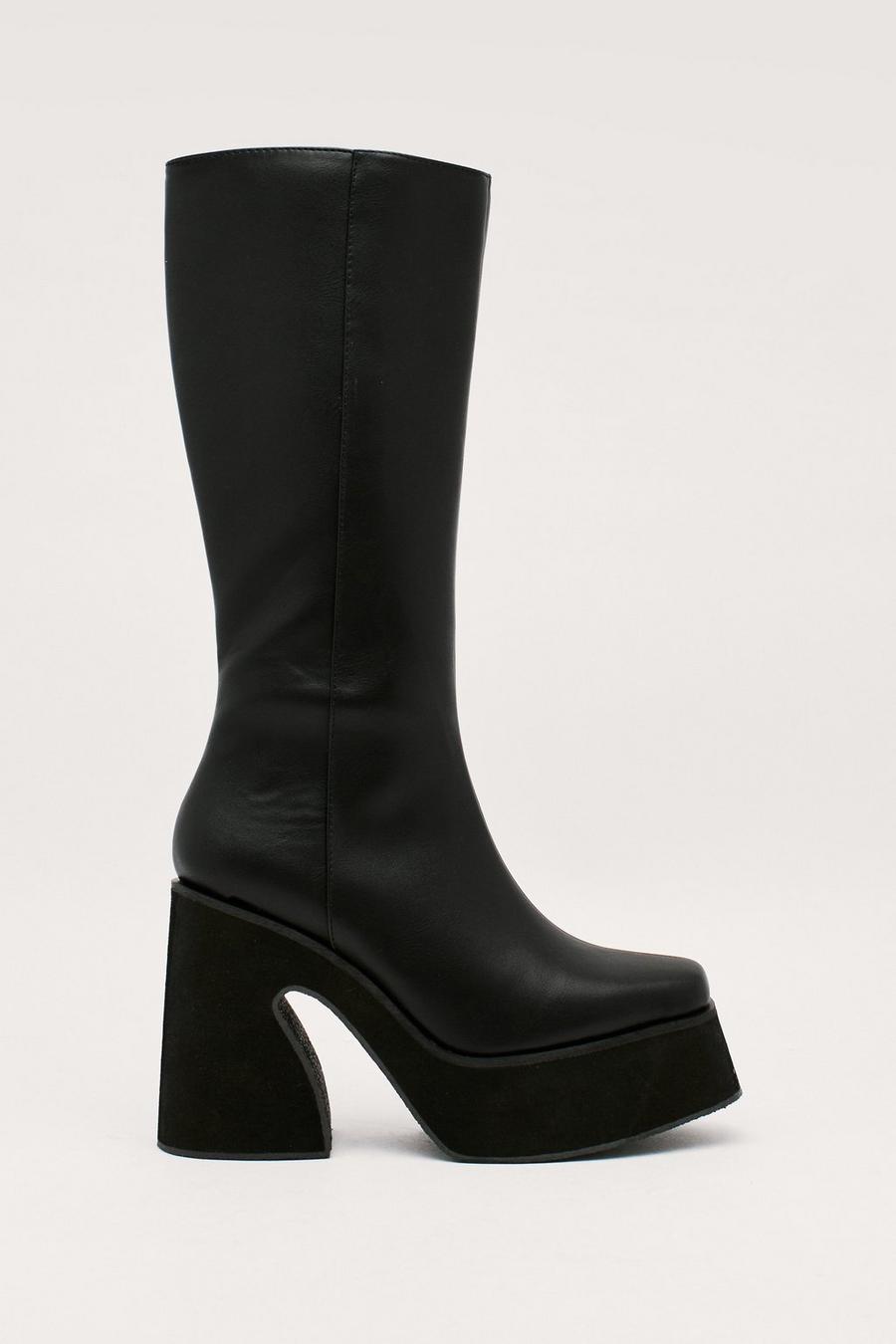 Faux Leather Platform Flare Heel Boots