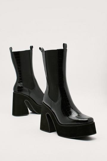 Faux Leather Croc Platform Flare Chelsea Boots black