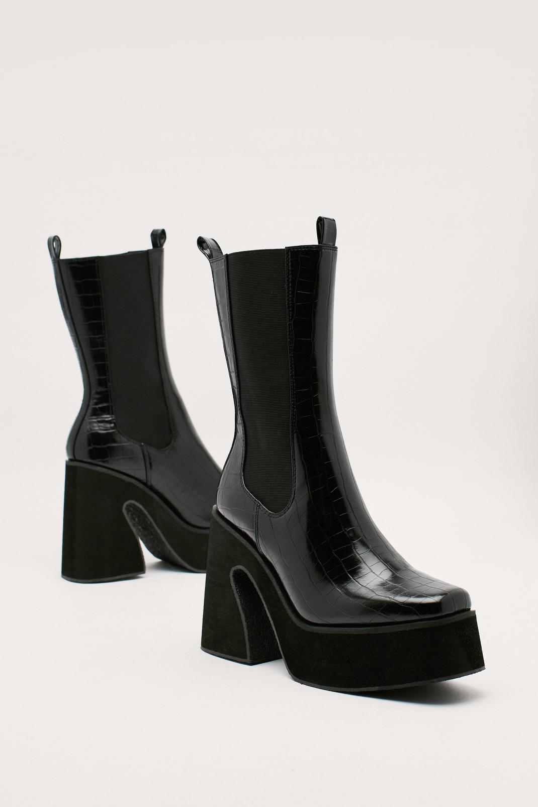 Black Faux Leather Croc Platform Flare Chelsea Boots image number 1