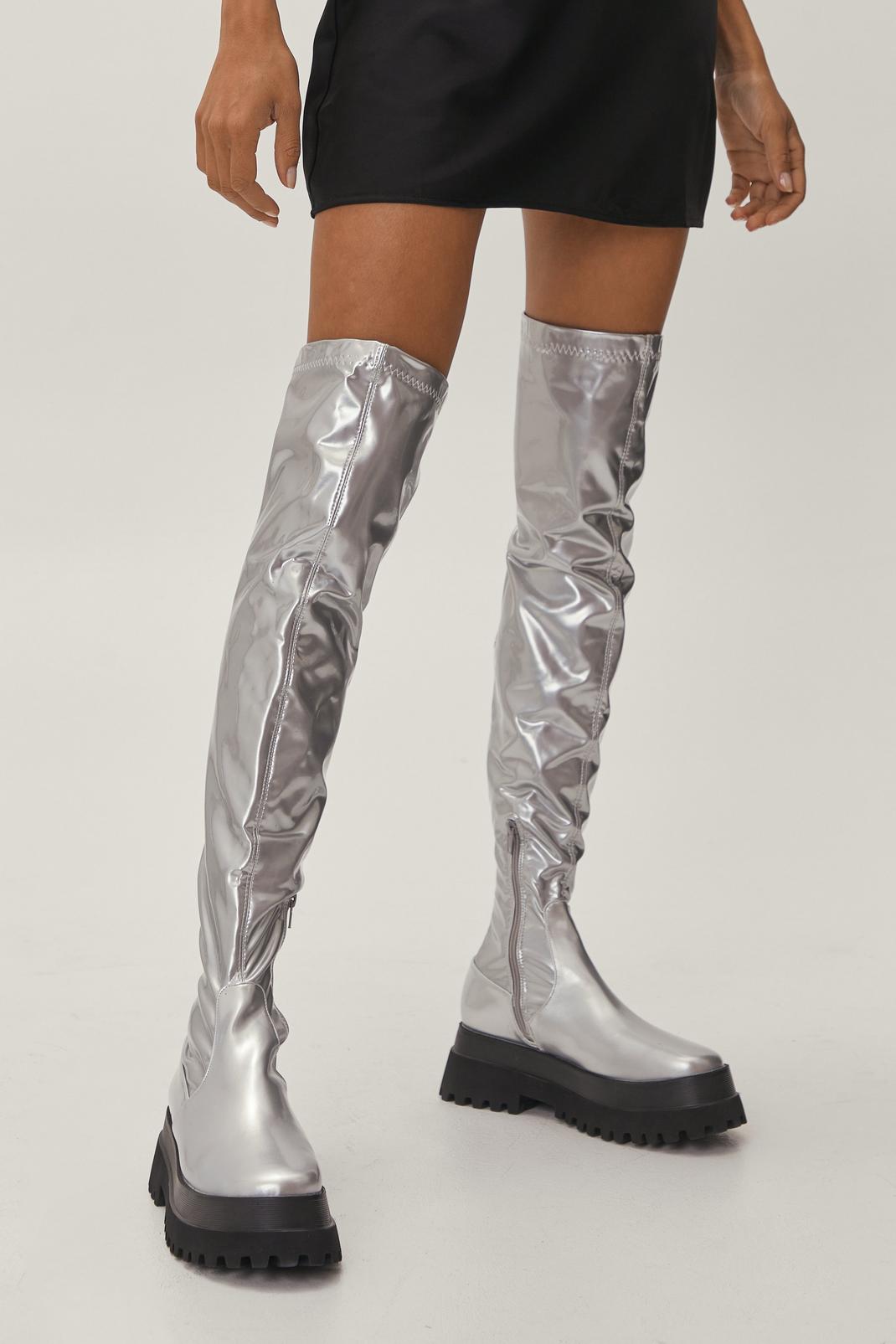 Silver Metallic Stretch Faux Leather Over the Knee Boots image number 1