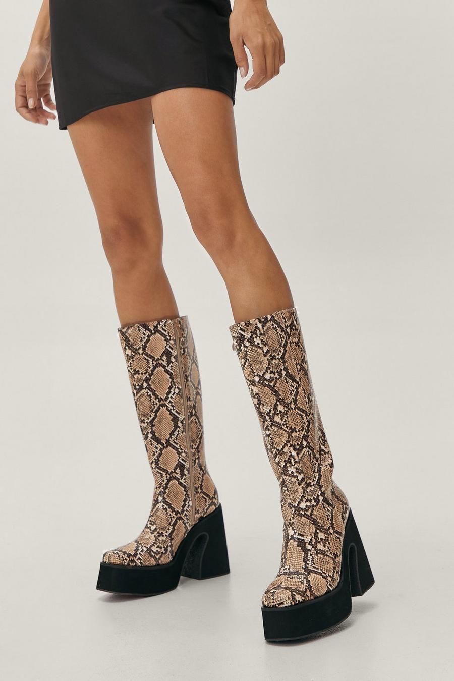 Faux Leather Python Platform Flare Knee High Boots