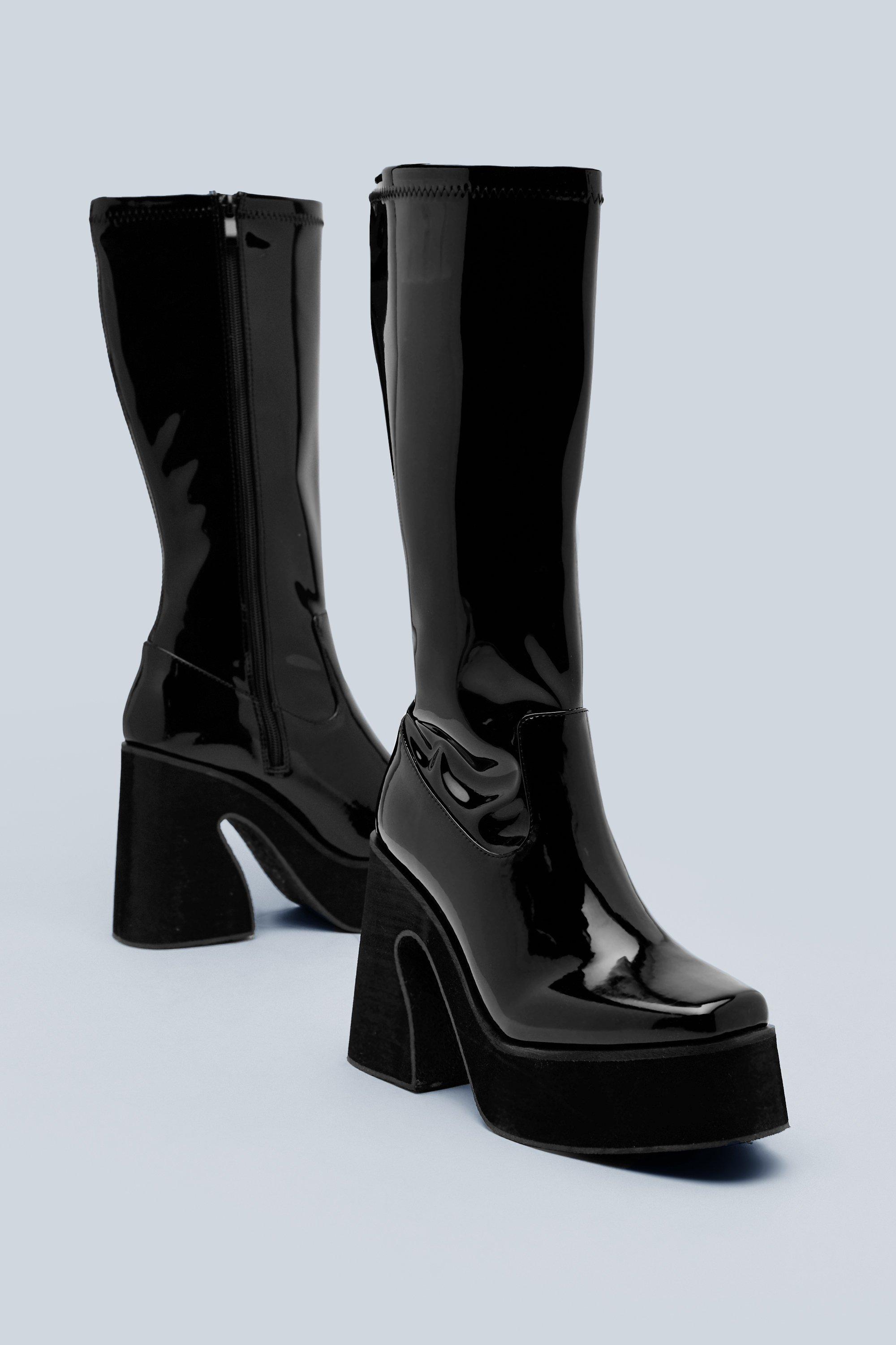 platform black boots knee high