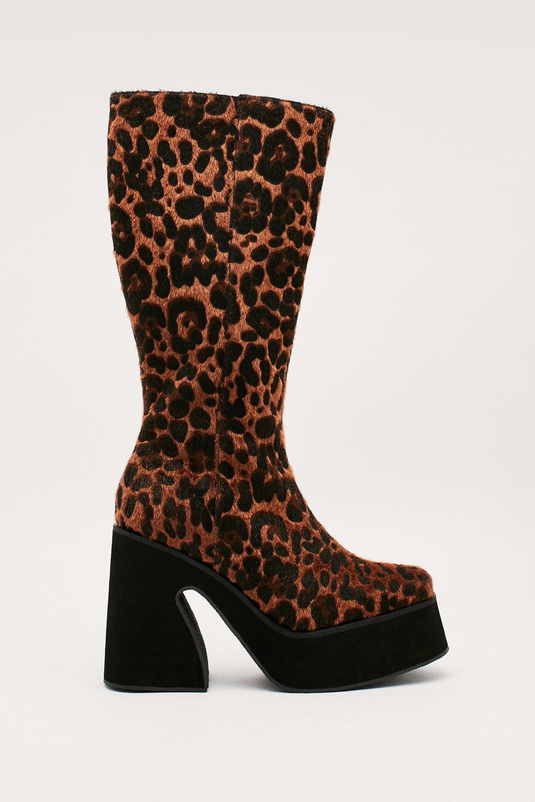 Brown Leopard Print Knee High Platform Boots image number 1