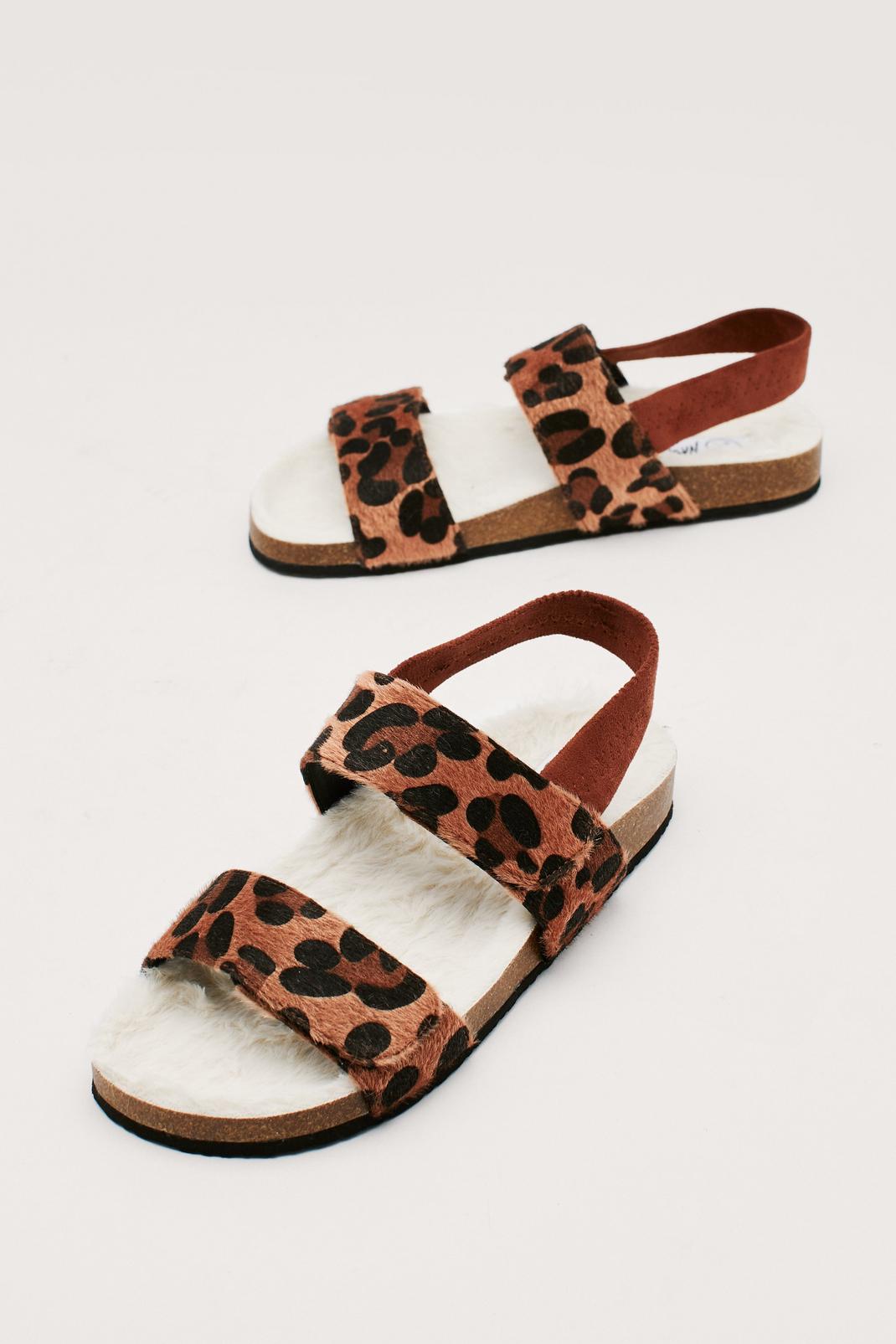 Brown Faux Pony Hair Leopard Fur Lined Sandals image number 1