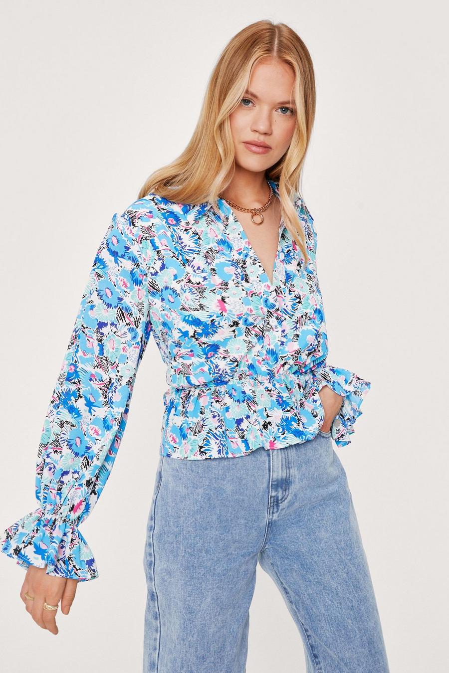 Floral Print Shoulder Padded Ruffle Blouse