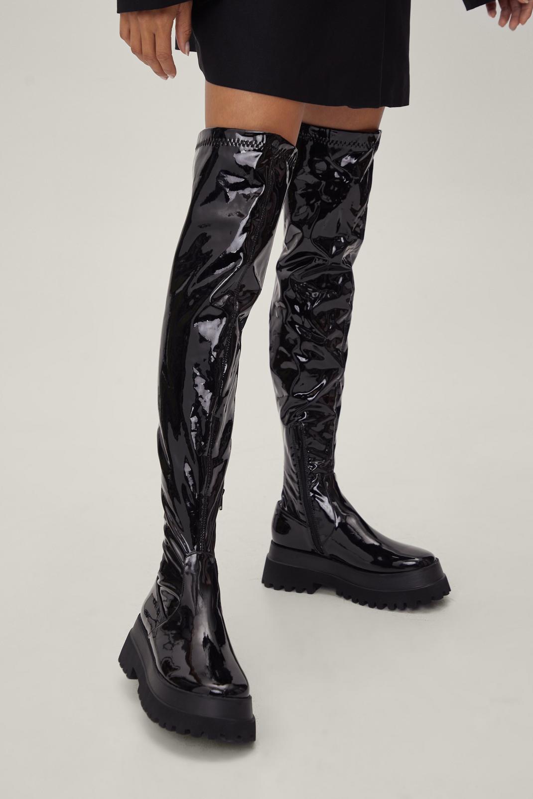 Black Stretch Patent Faux Leather Over the Knee Boots image number 1