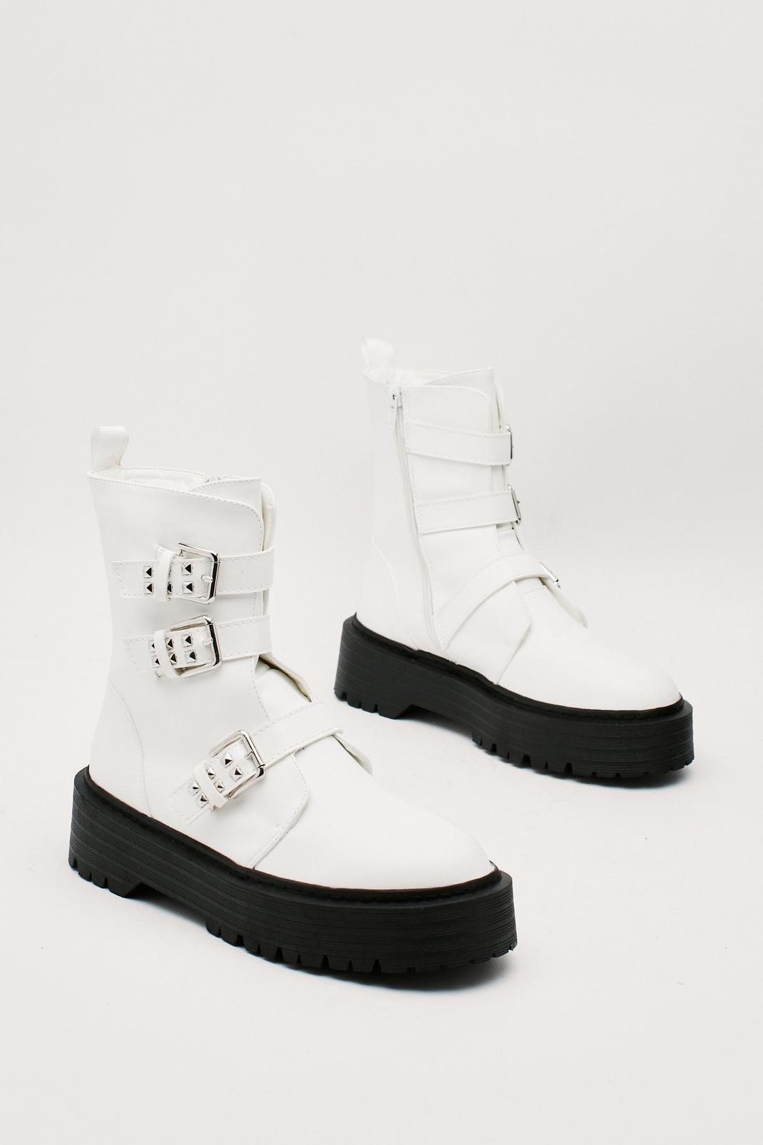 White Pu Triple Buckle Biker Boots image number 1