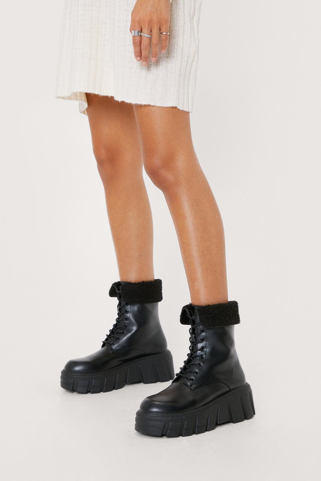 Black Faux Leather Zip Front Chunky Cleated Sole Hiker Boots image number 1