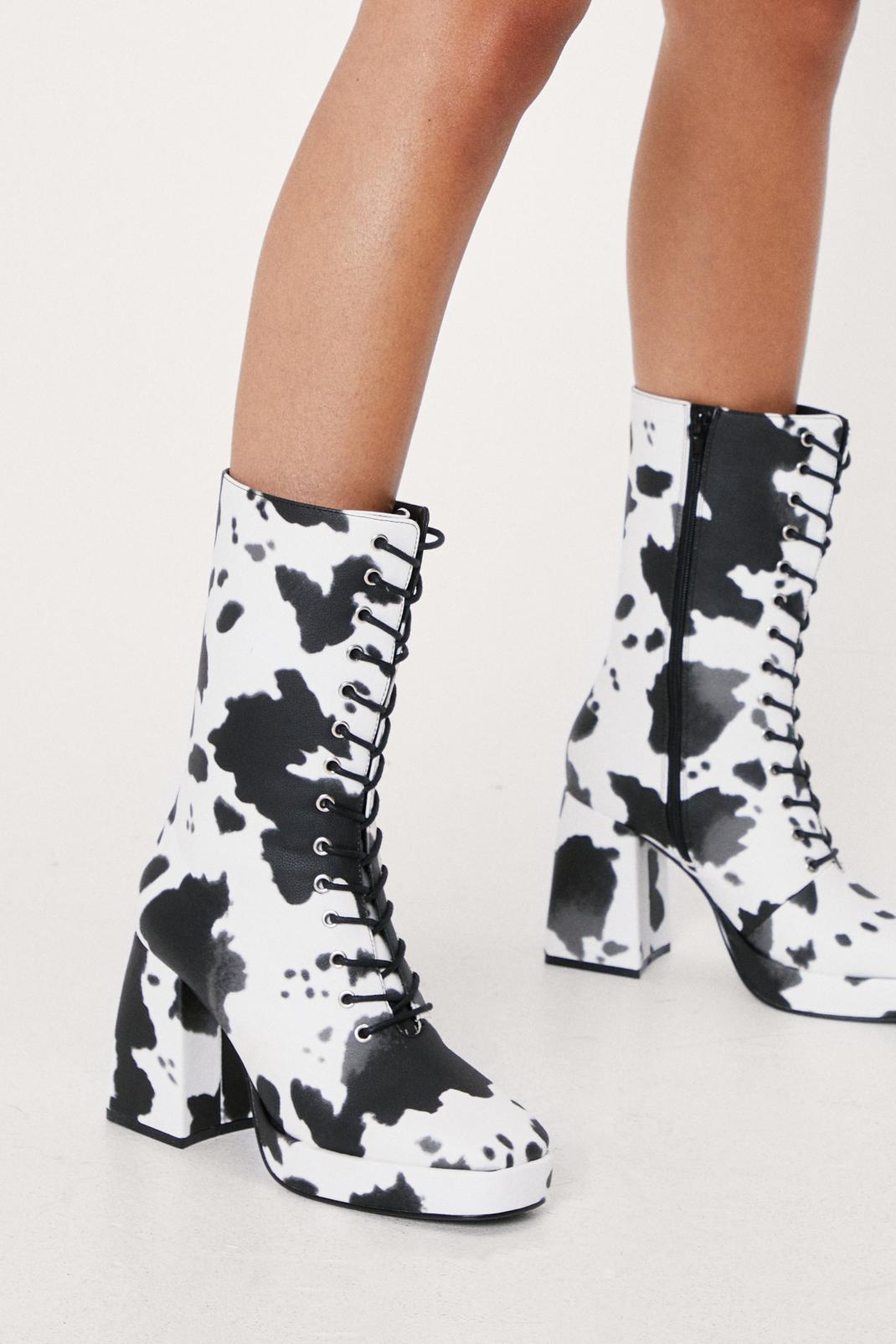 839 Faux Leather Cow Print Lace Up Platform Boots image number 2