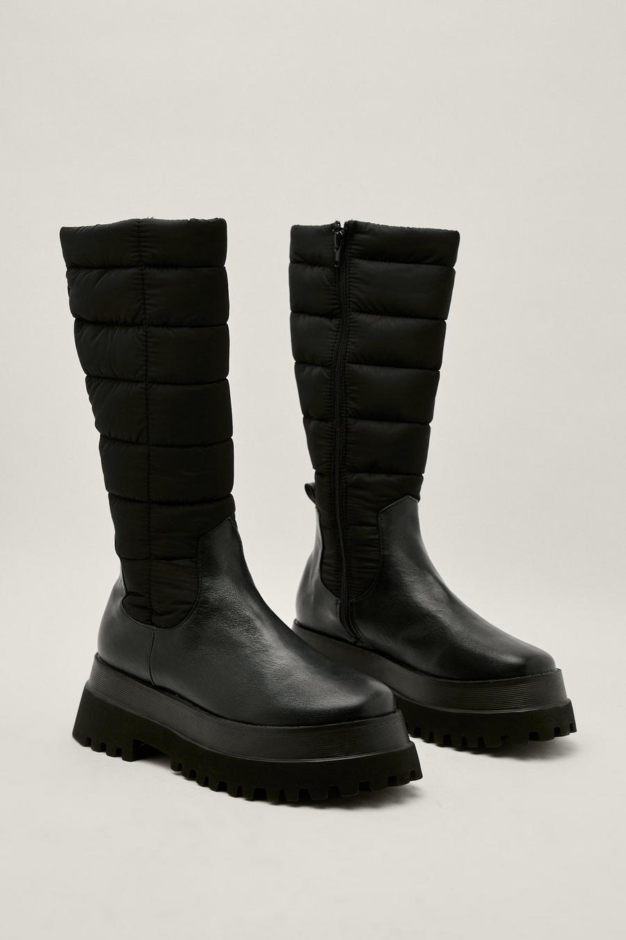 Padded Calf High Faux Leather Chunky Boots
