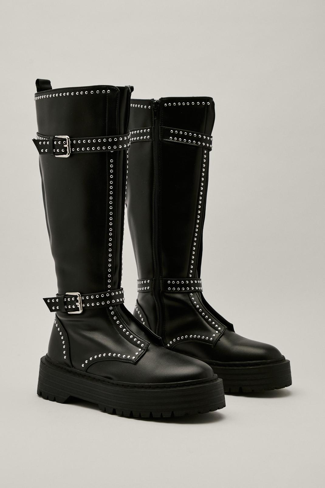 Black Faux Leather Double Buckle Studded Calf High Boots image number 1