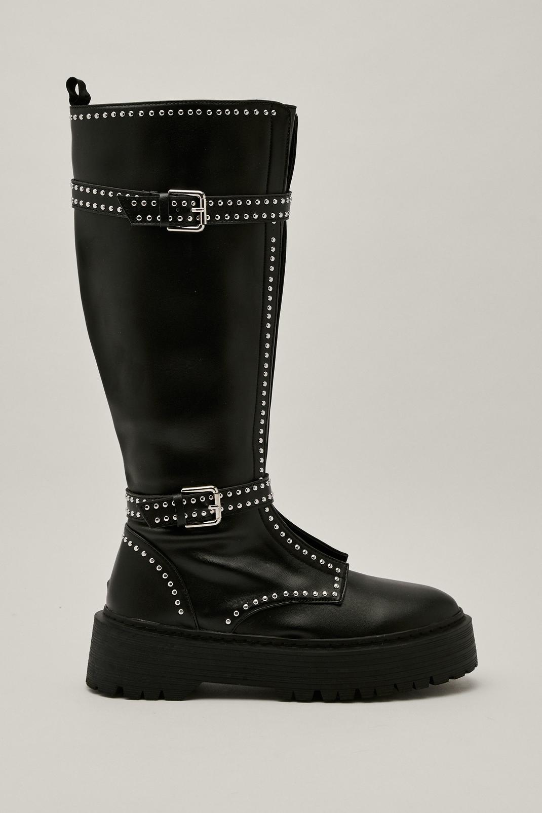 105 Faux Leather Double Buckle Studded Calf High Boots image number 2