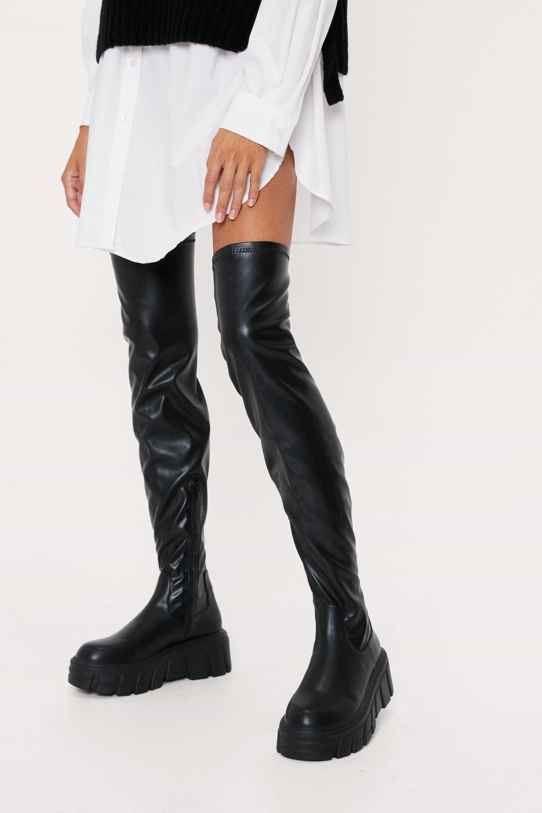 Black Stretch Faux Leather Cleated Over The Knee Boots image number 1
