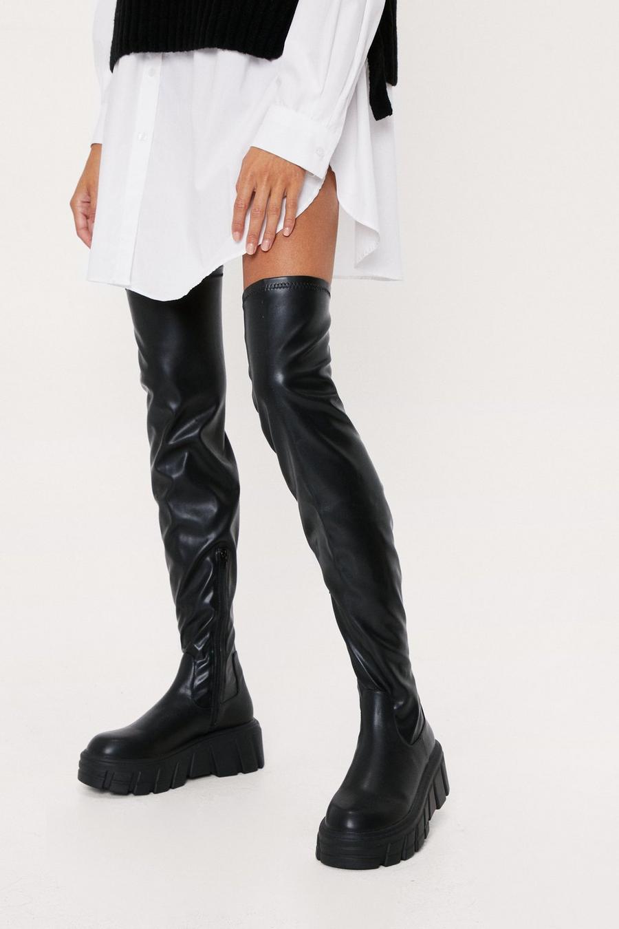 Stretch Faux Leather Cleated Over The Knee Boots