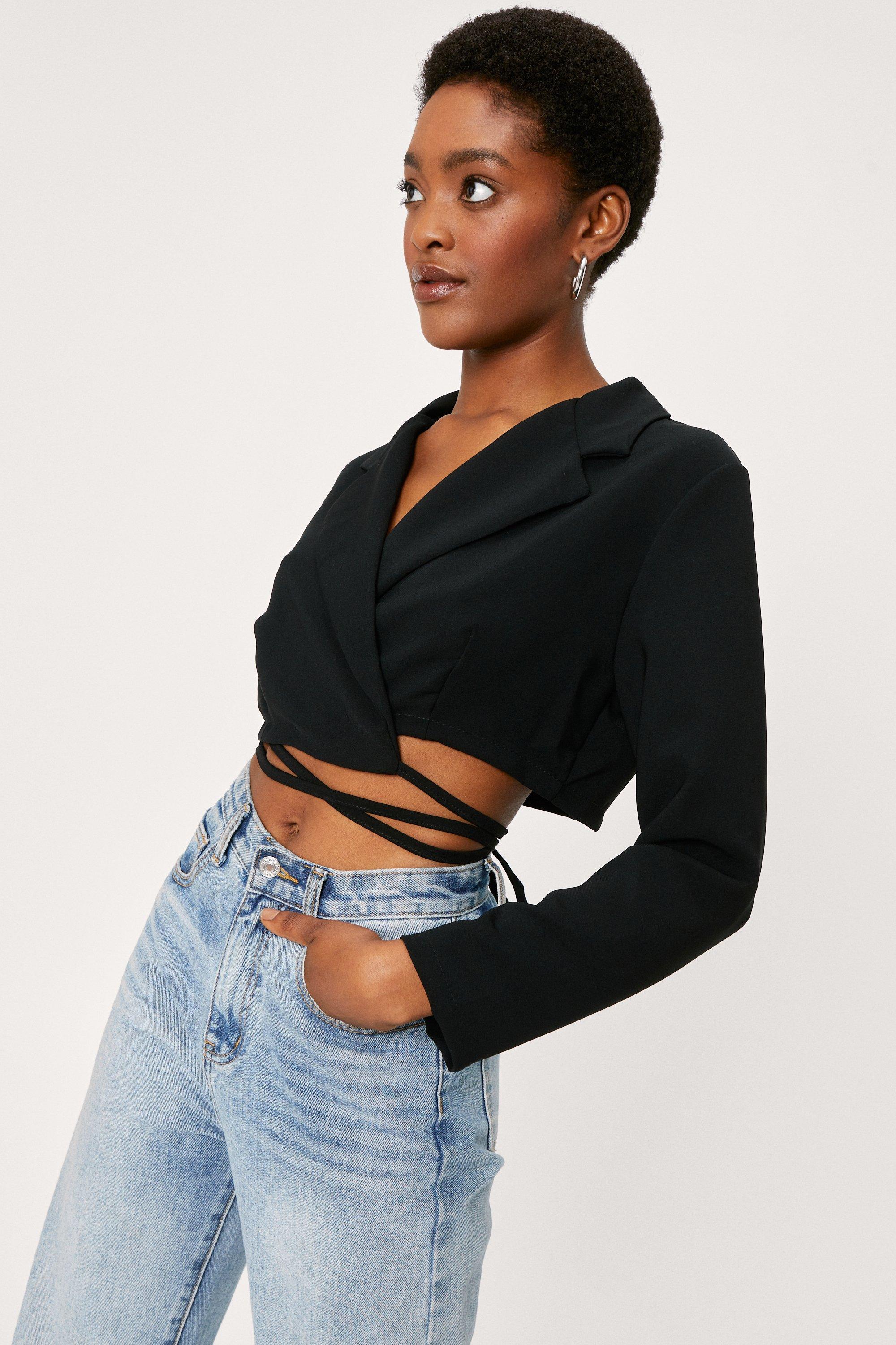 Black Tie Waist Cropped Suit Jacket