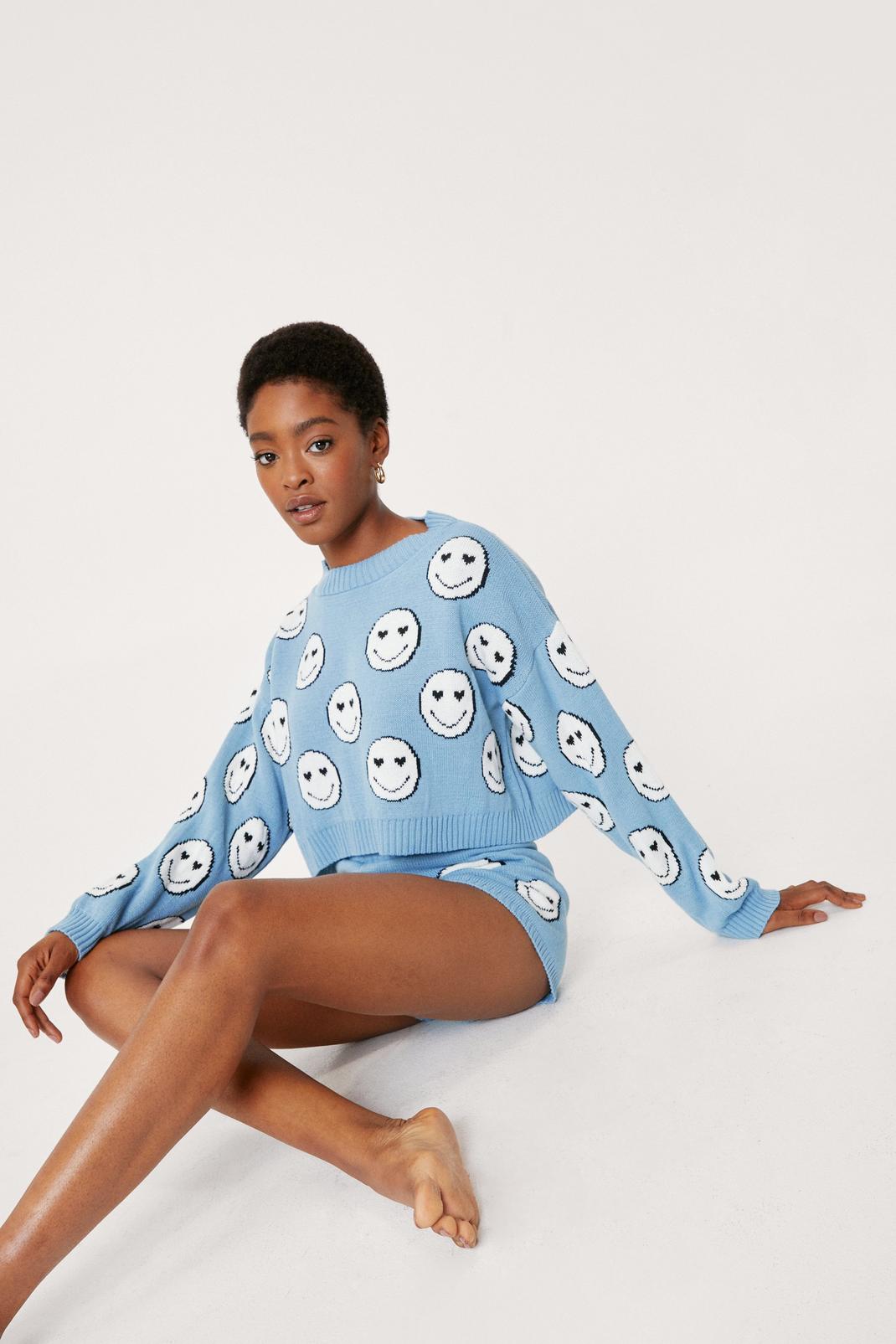 Blue Knitted Smiley Jumper and Shorts Lounge Set image number 1