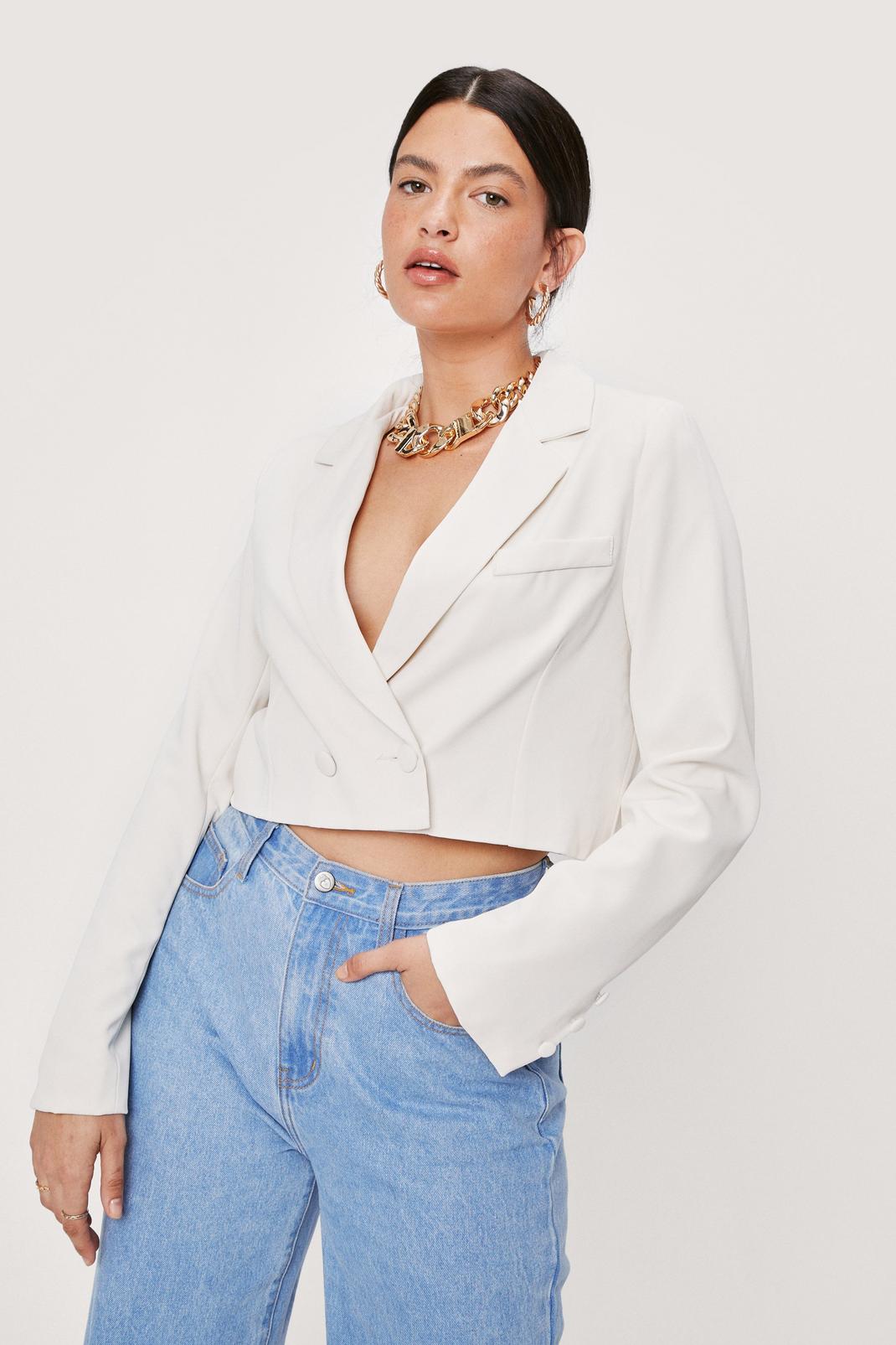 Cream Cropped Double Breasted Long Sleeve Blazer image number 1