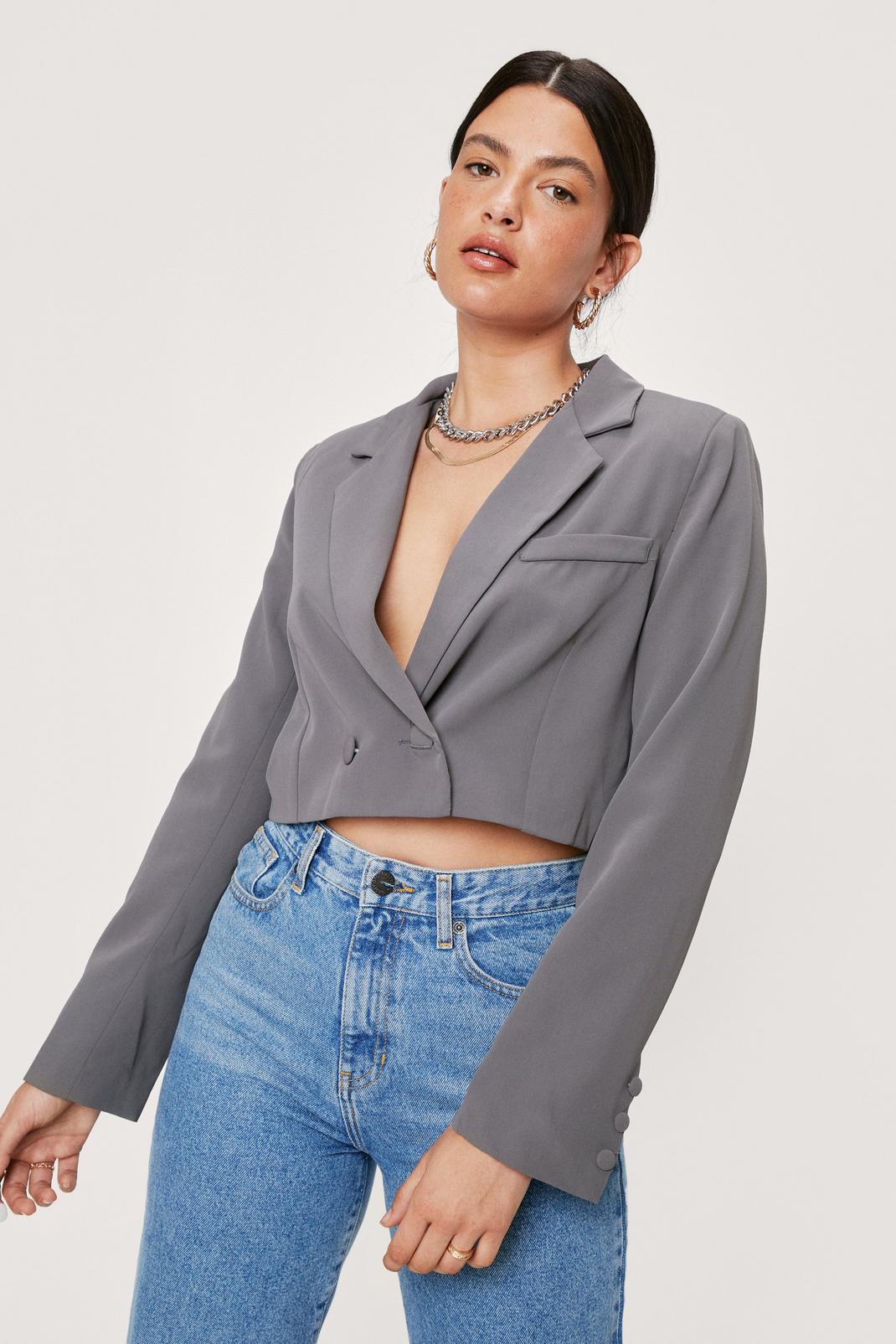 Grey Cropped Double Breasted Long Sleeve Blazer image number 1