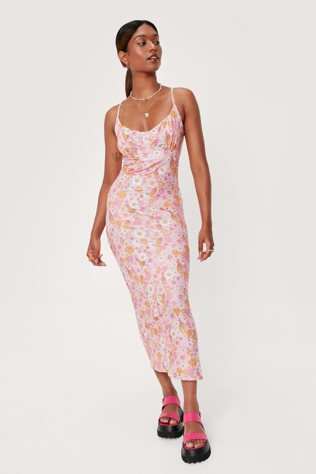 Pink Floral Print Cupped Bodycon Midi Dress image number 1