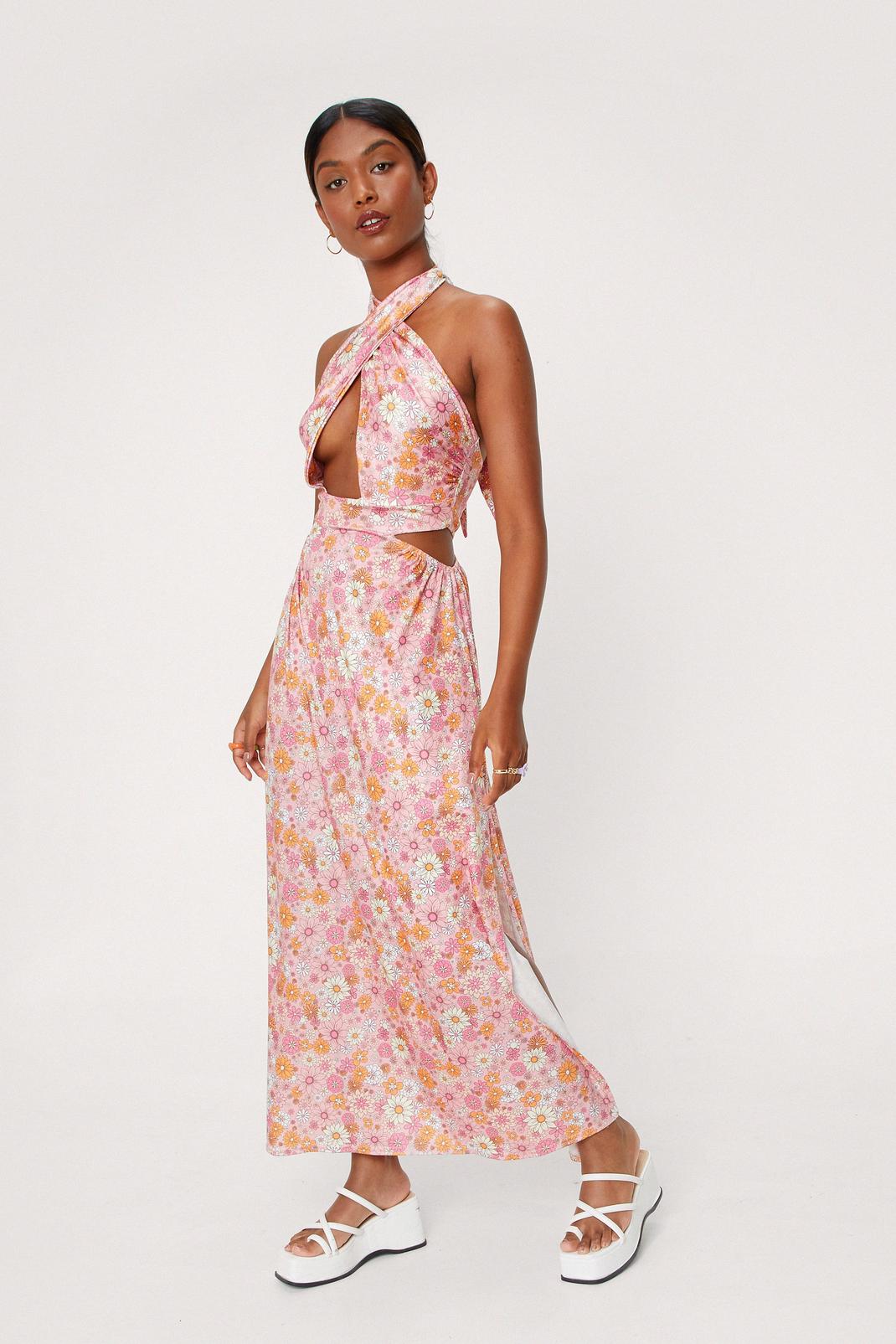 Pink Retro Floral Halter Neck Jersey Maxi Dress image number 1