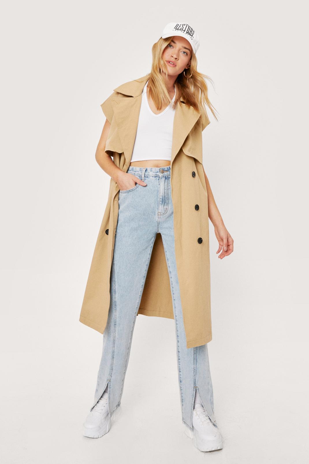 Beige Sleeveless Belted Longline Trench Coat image number 1