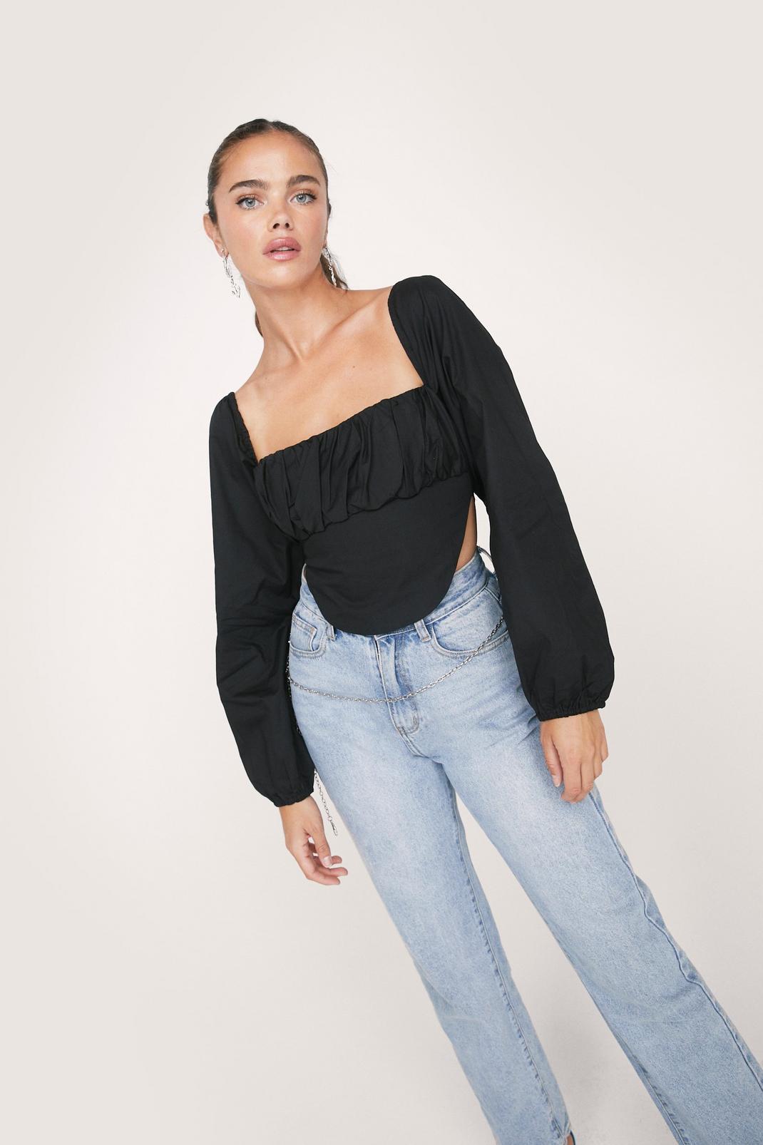 Black Square Neck Cropped Corset Blouse image number 1