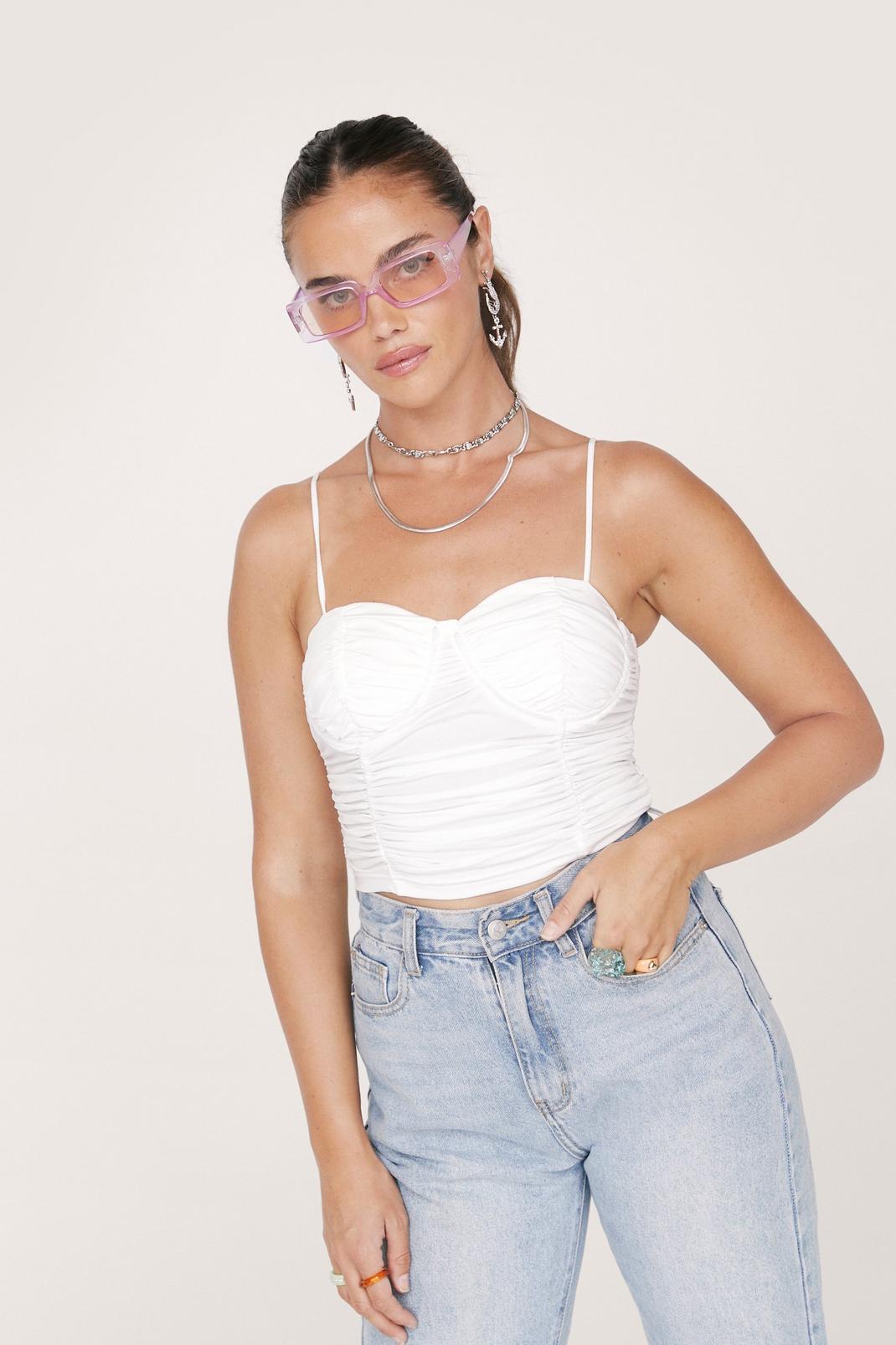 White Ruched Strappy Bodice Crop Top image number 1