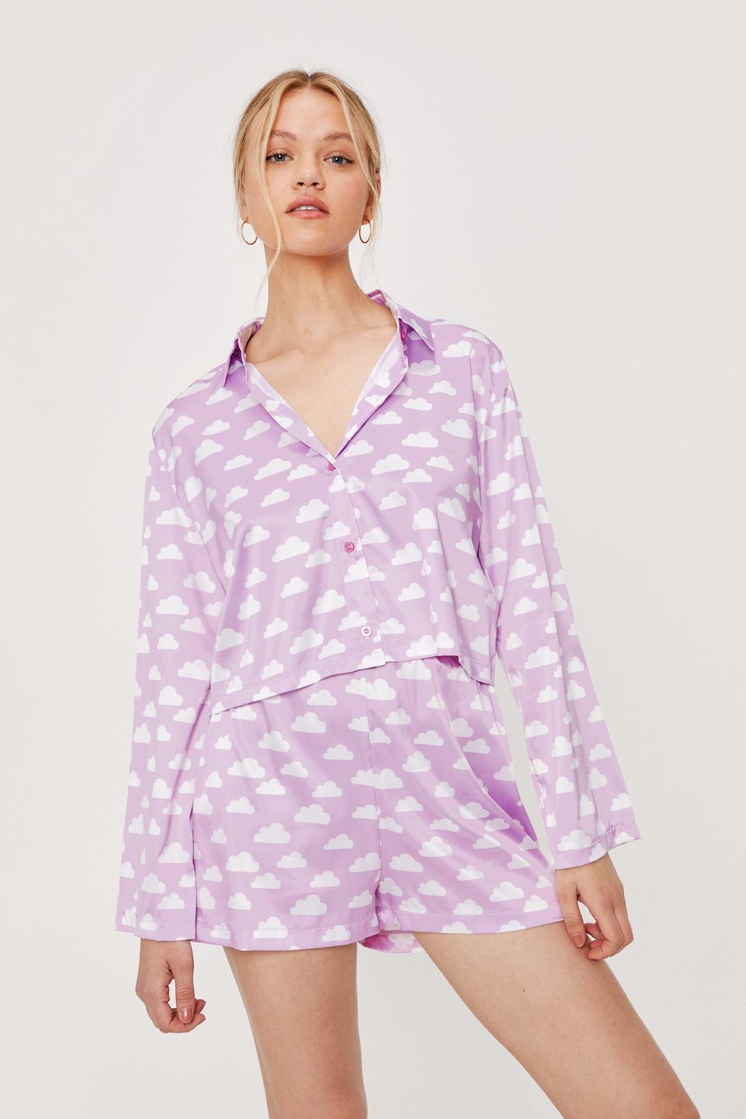 Lilac Satin Cloud Print Pajama Shirt and Short Set image number 1