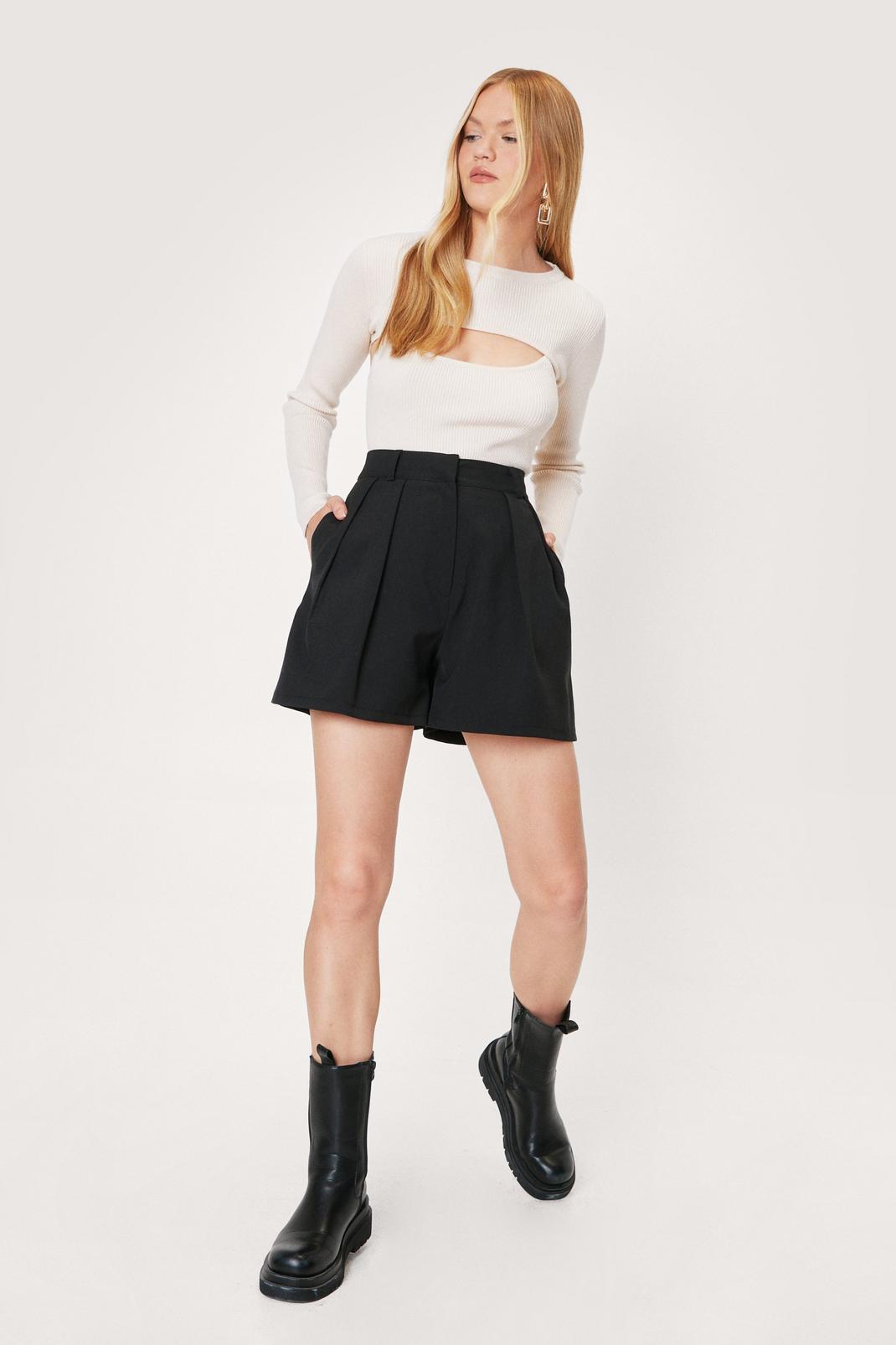 Black High Waisted Pleated Tailored Shorts image number 1