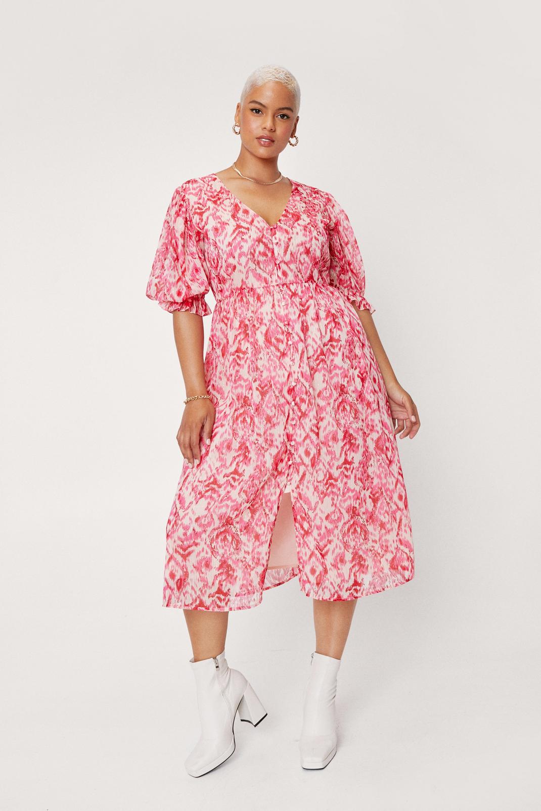 Pink Plus Size Abstract Paisley Puff Sleeve Midi Dress image number 1