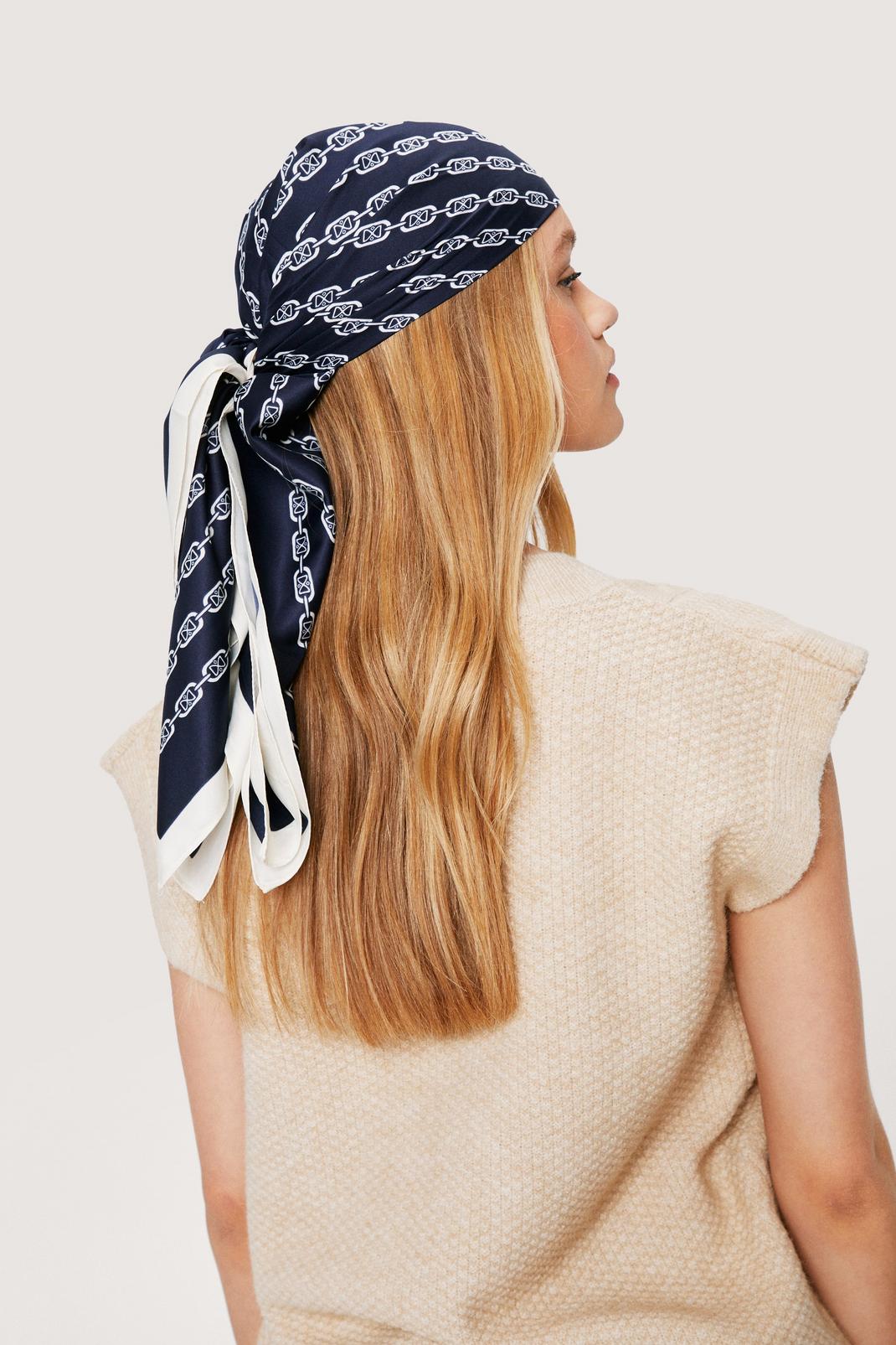 Blue Chain Print Satin Tie Headscarf image number 1