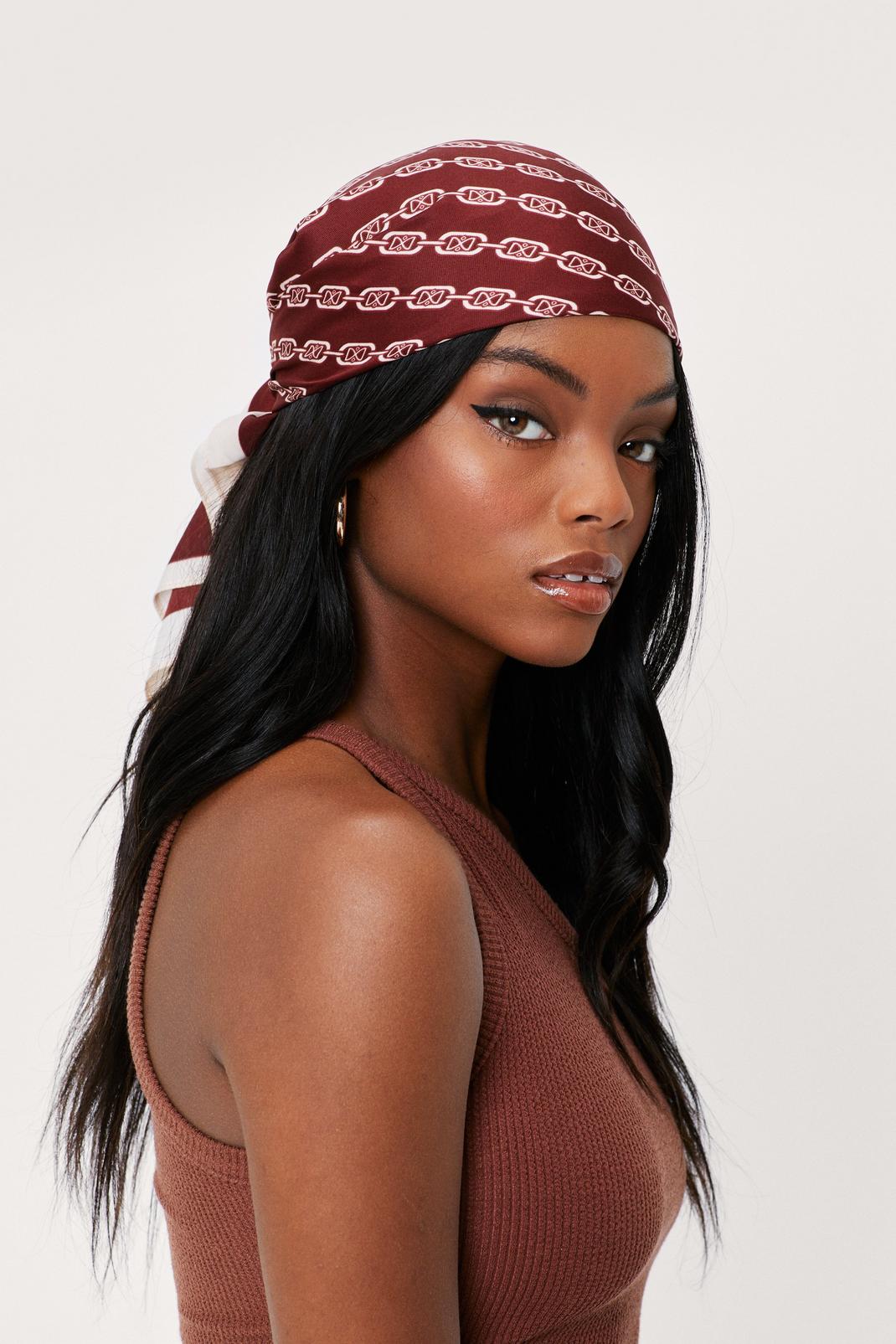 Red Chain Print Satin Tie Headscarf image number 1