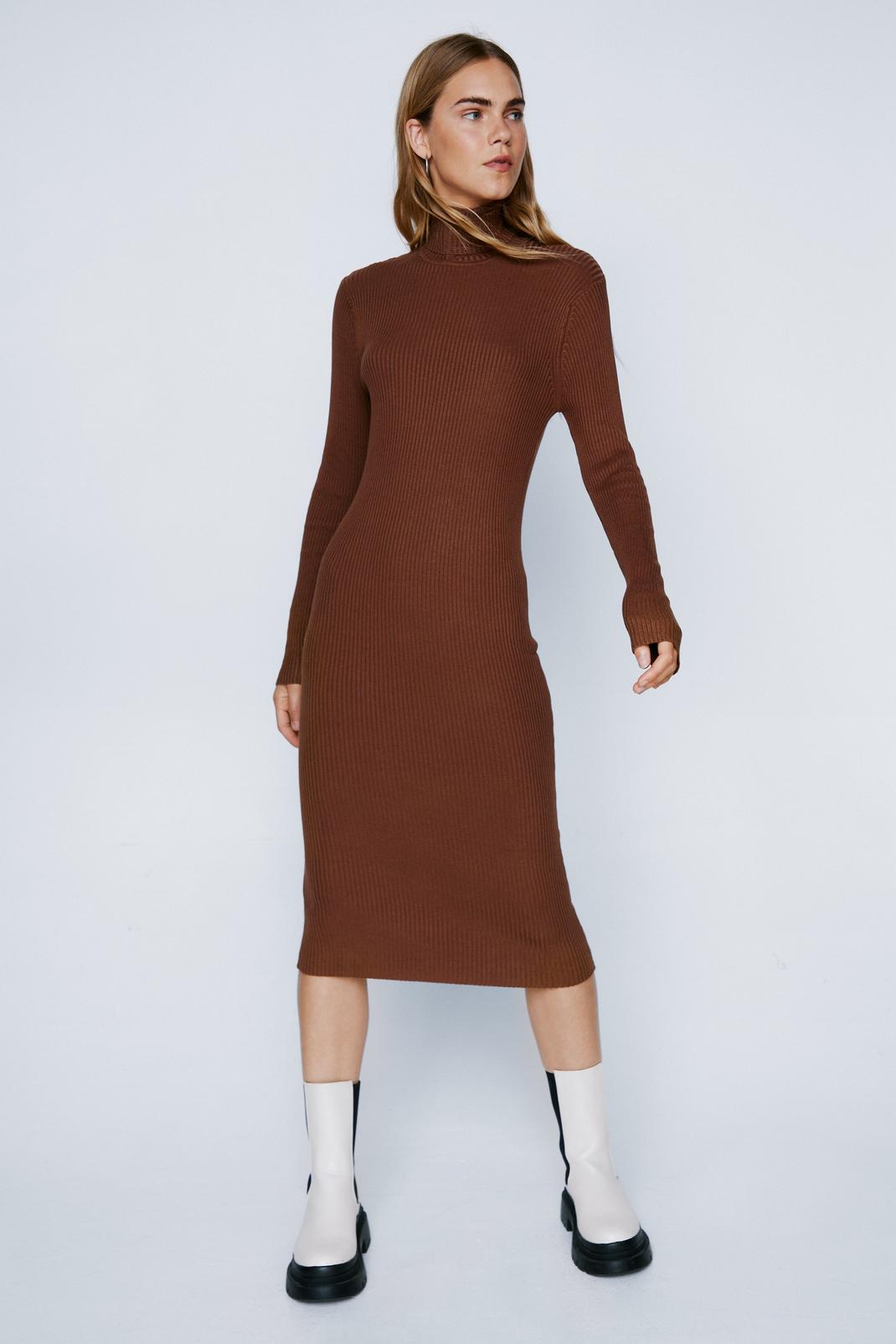 Chocolate Knit Roll Neck Sweater Midi Dress image number 1
