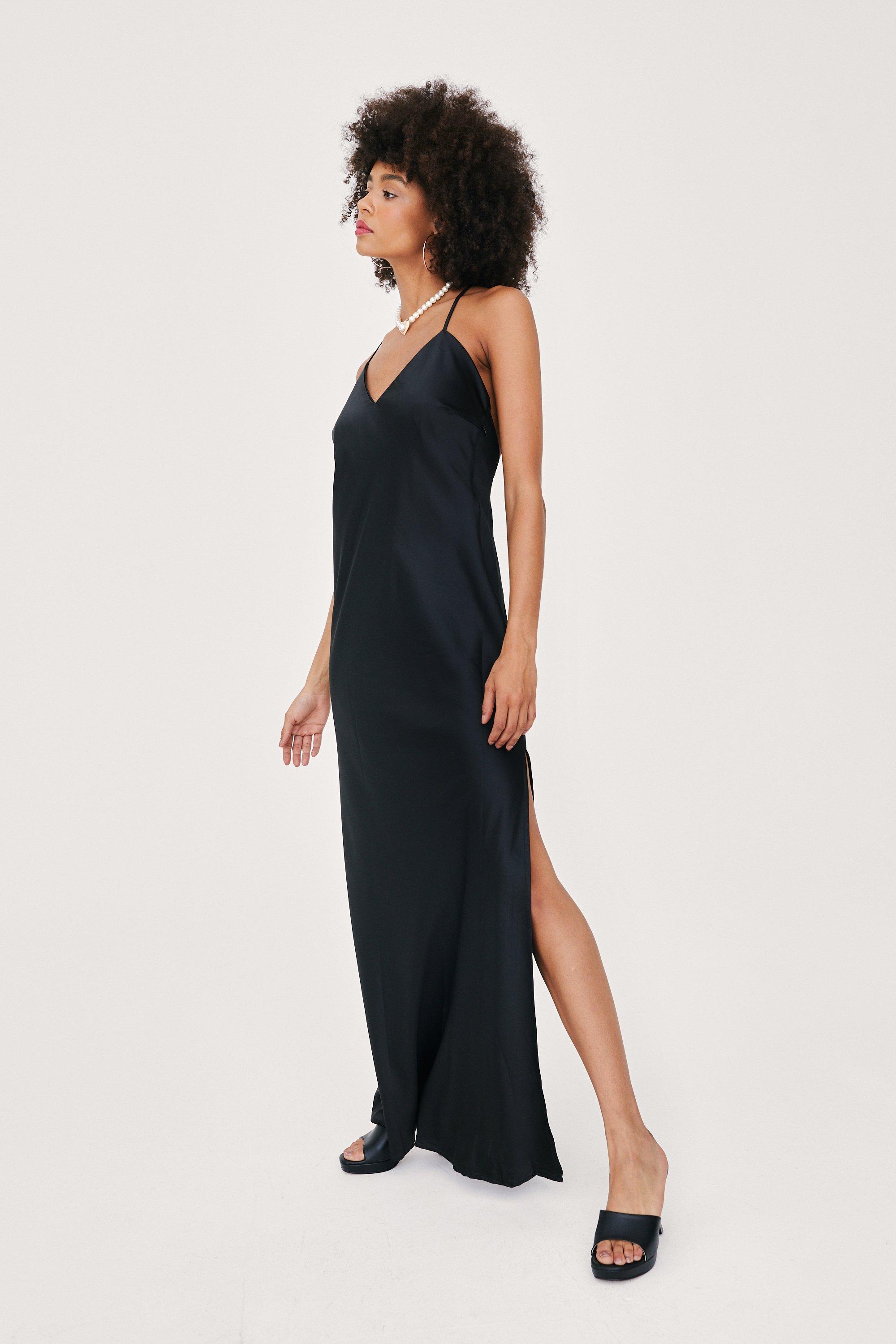 Black satin maxi outlet dress with split