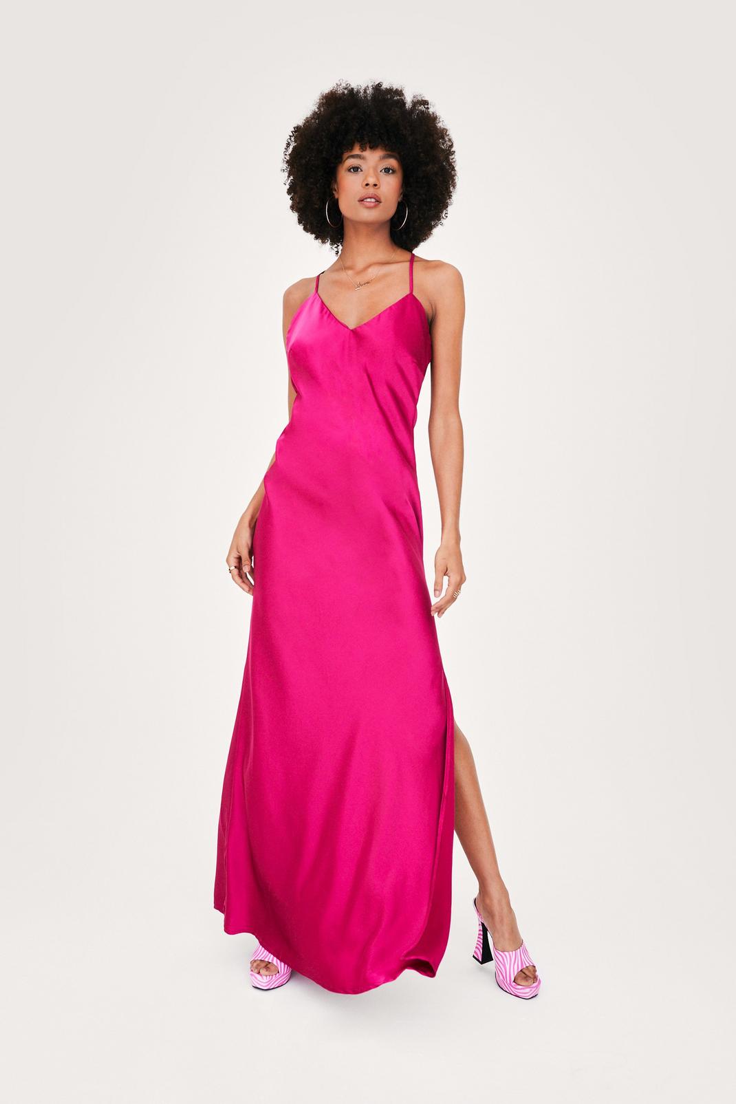 Hot pink Strappy Back Split Hem Satin Maxi Dress image number 1