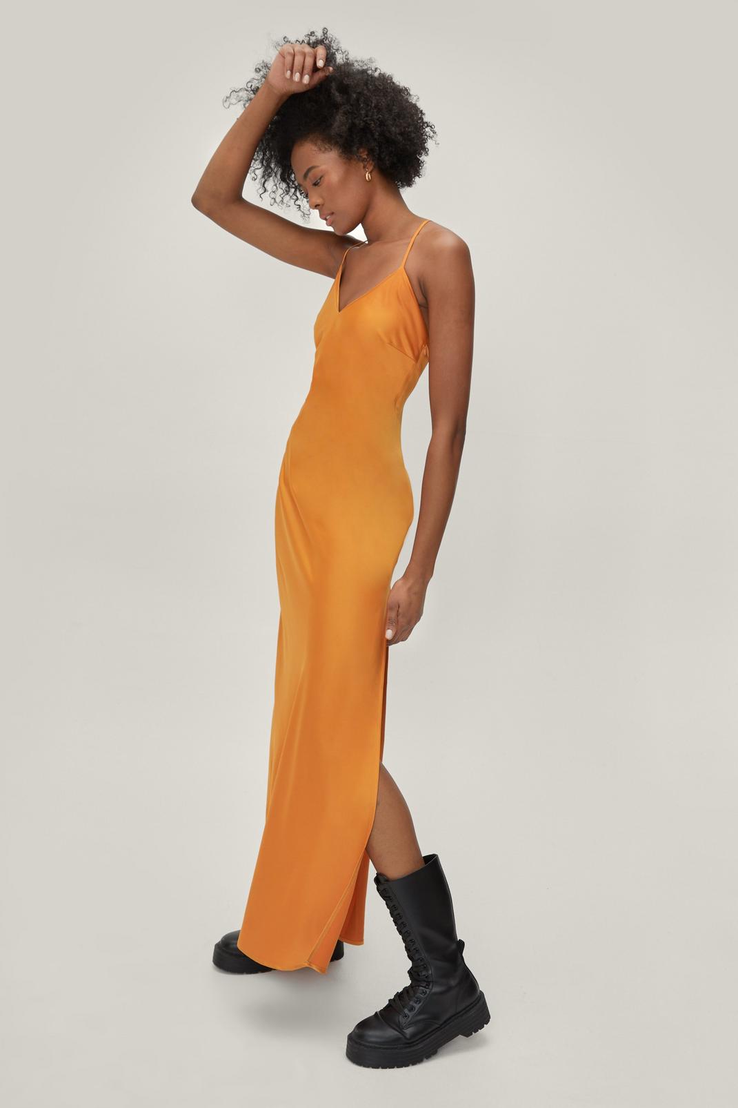 Orange Strappy Back Split Hem Satin Maxi Dress image number 1