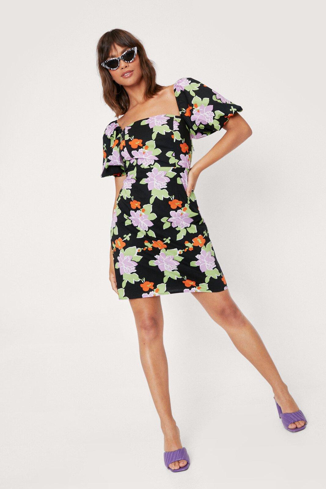 floral puff sleeve bodycon dress