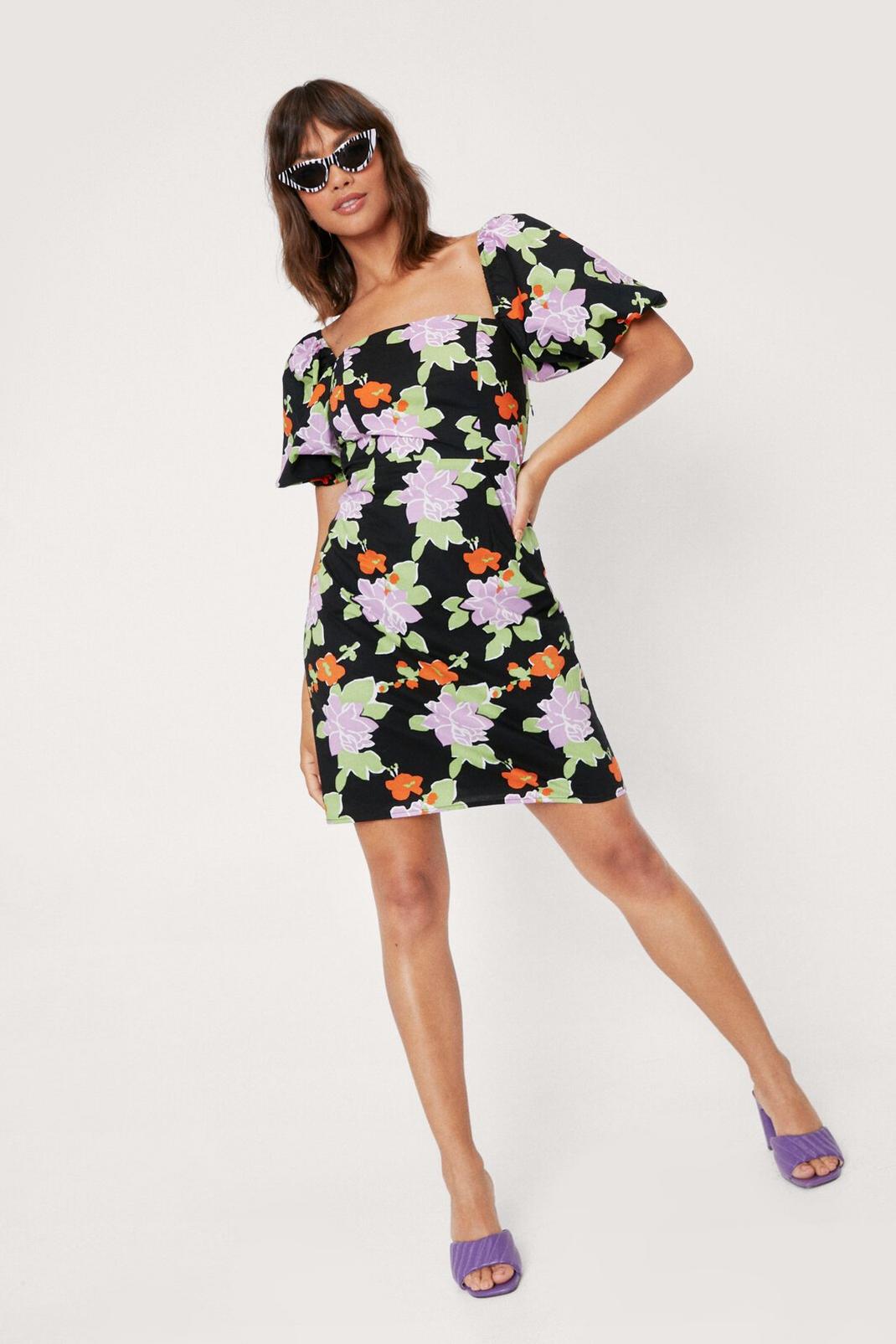 Floral Puff Sleeve Bodycon Mini Dress image number 1