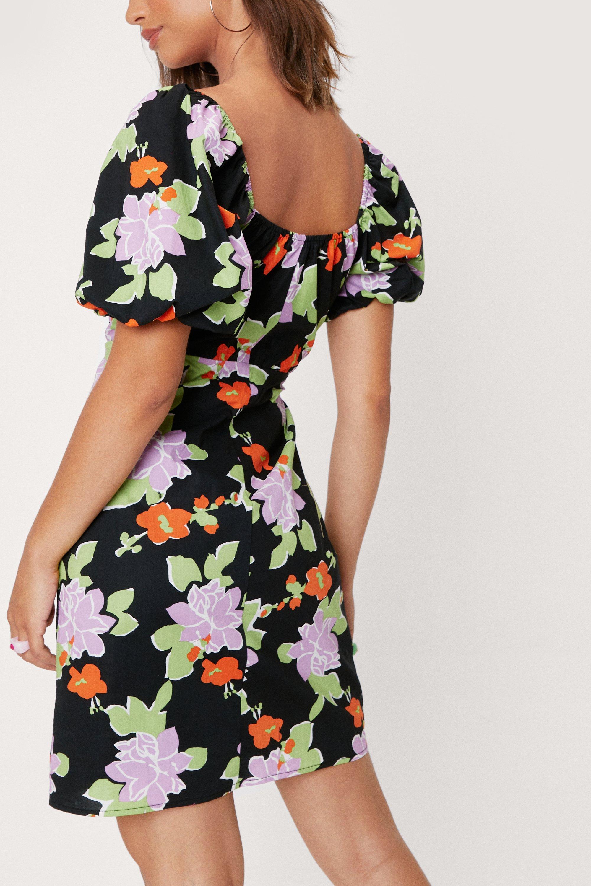 floral puff sleeve bodycon dress