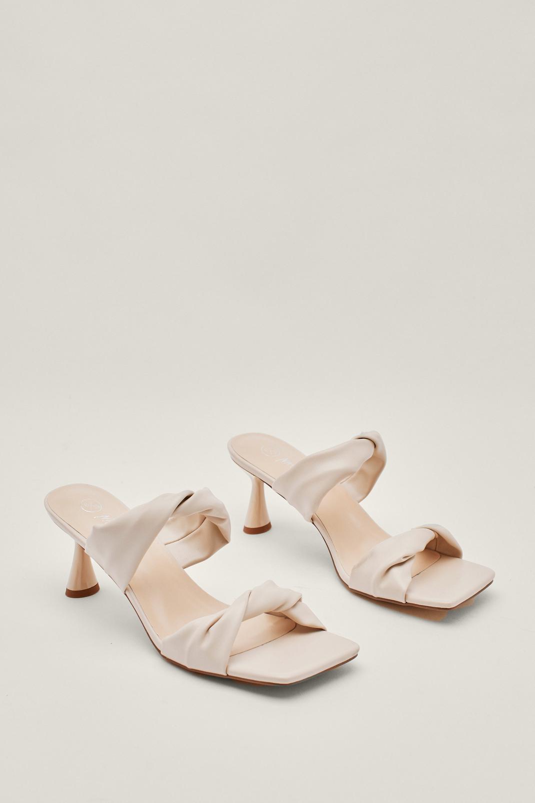 Cream Faux Leather Twist Strap Heeled Mules image number 1