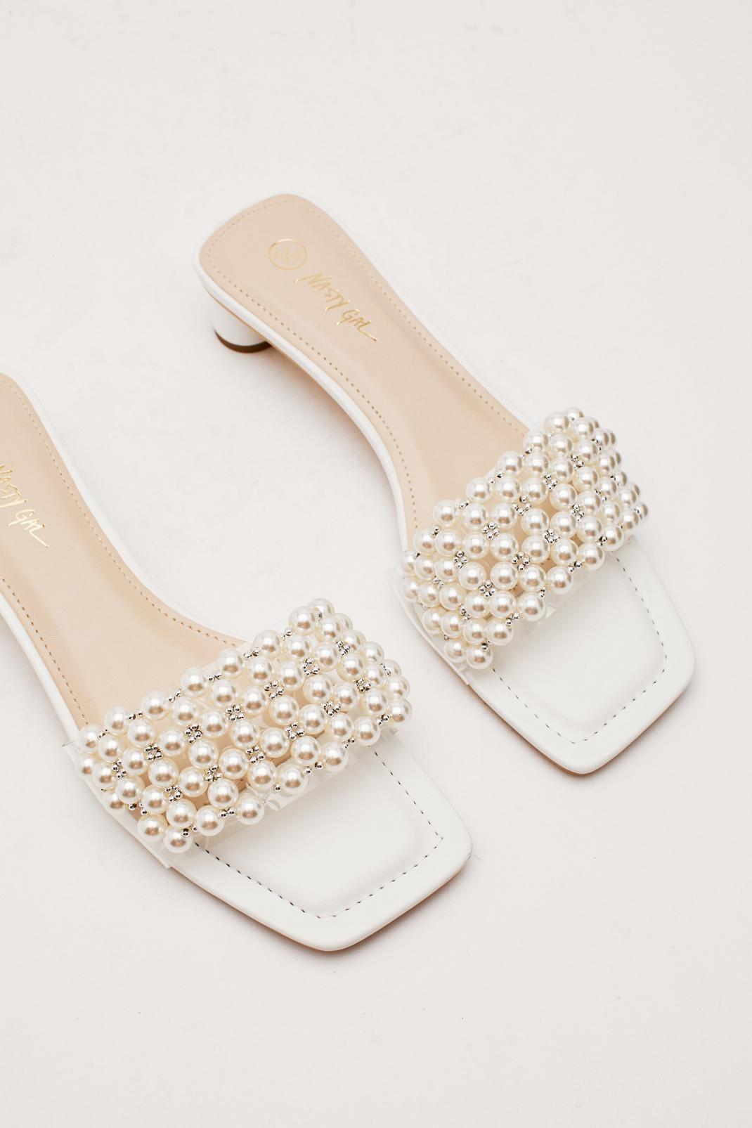 173 Faux Leather Pearl Detail Bridal Low Block Heeled Mules image number 2
