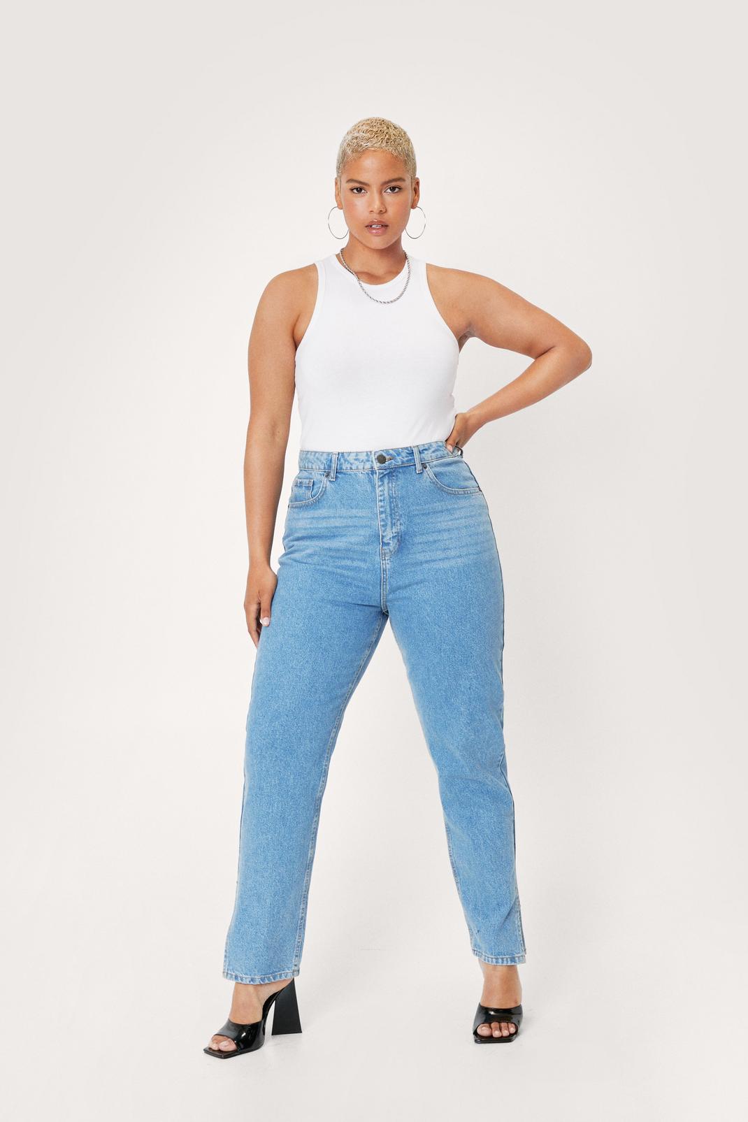 Blue Plus Size Denim Split Hem Mom Jeans image number 1