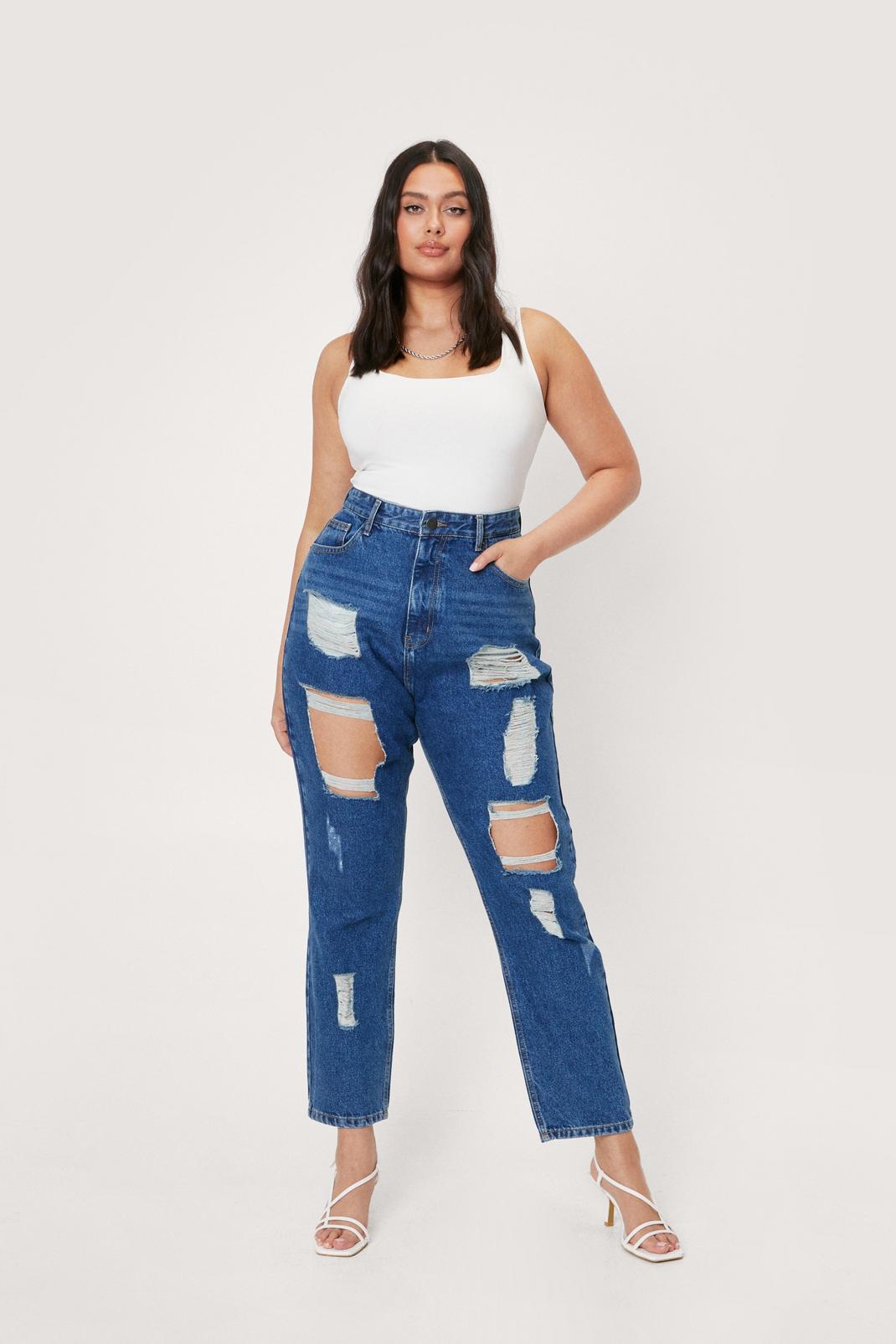 Blue Plus Size Organic Denim Distressed Mom Jeans image number 1