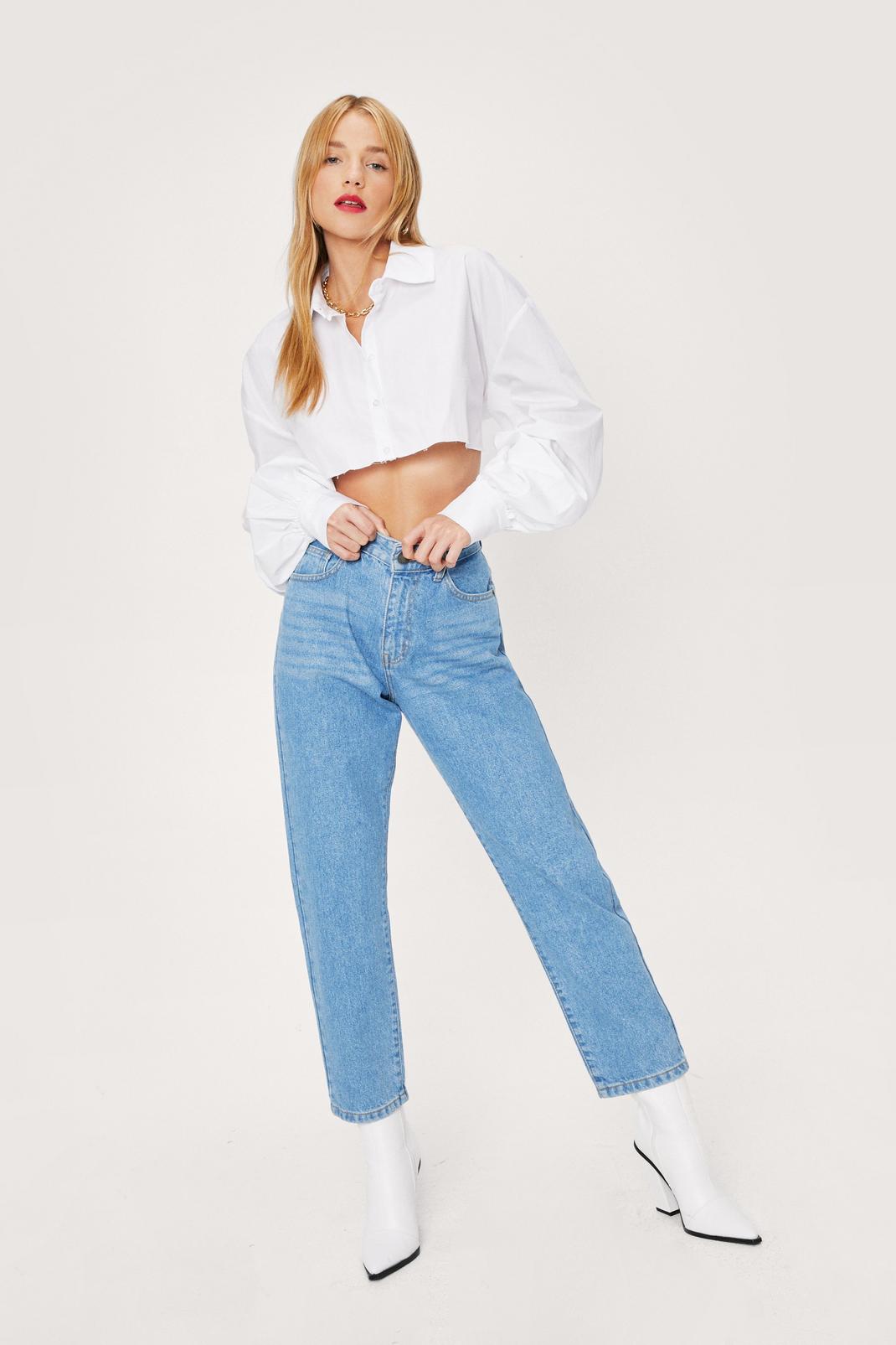 Light blue Petite High Waisted Mom Jeans image number 1