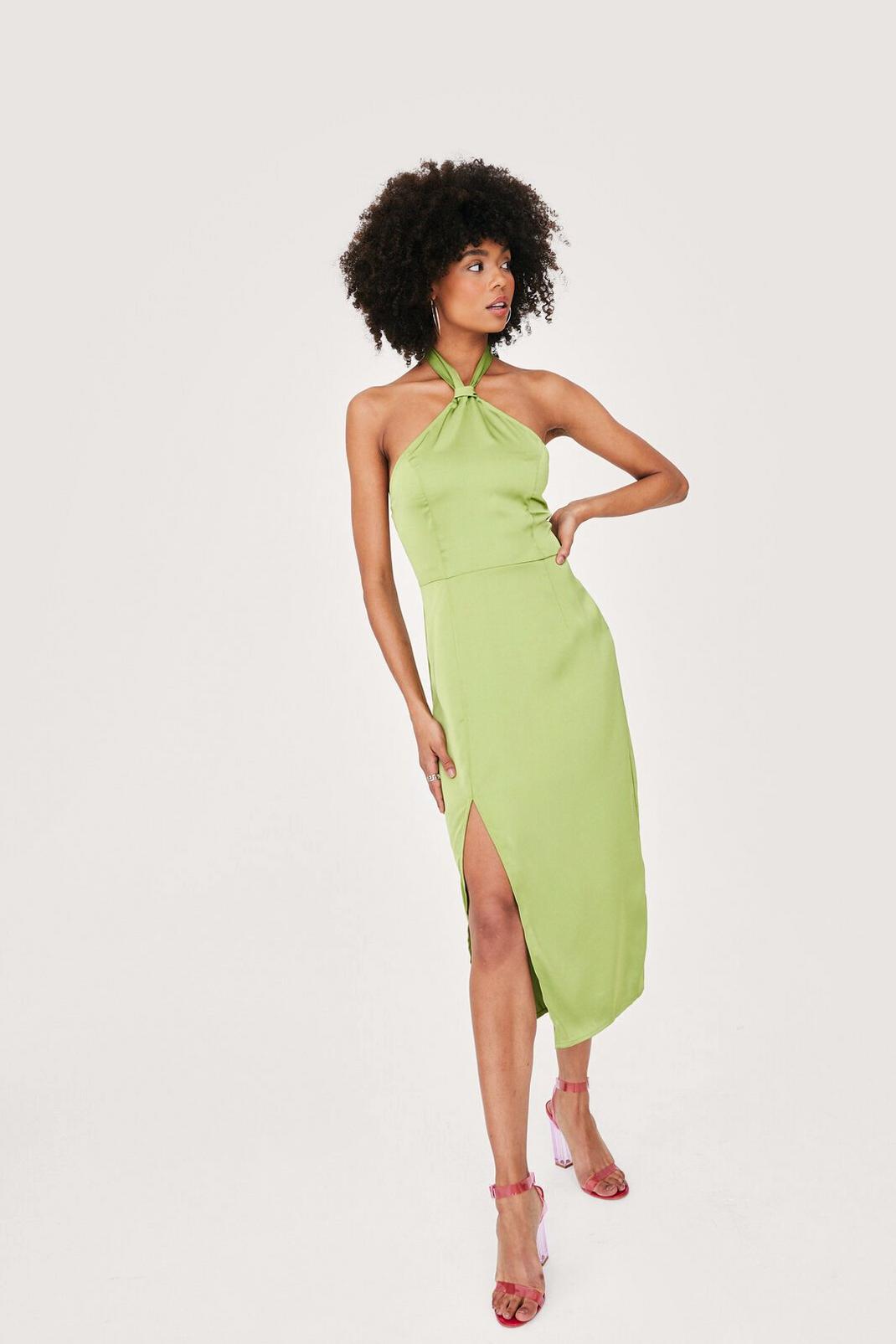 Green Satin Halter Neck Split Front Maxi Dress image number 1