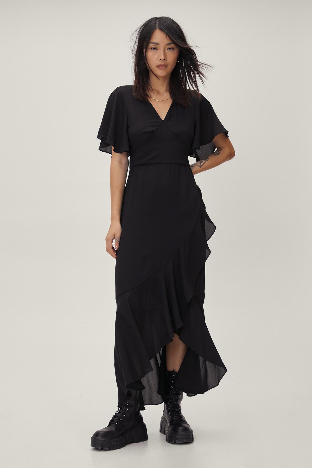 Black Angel Sleeve Ruffle Detail Satin Maxi Dress image number 1