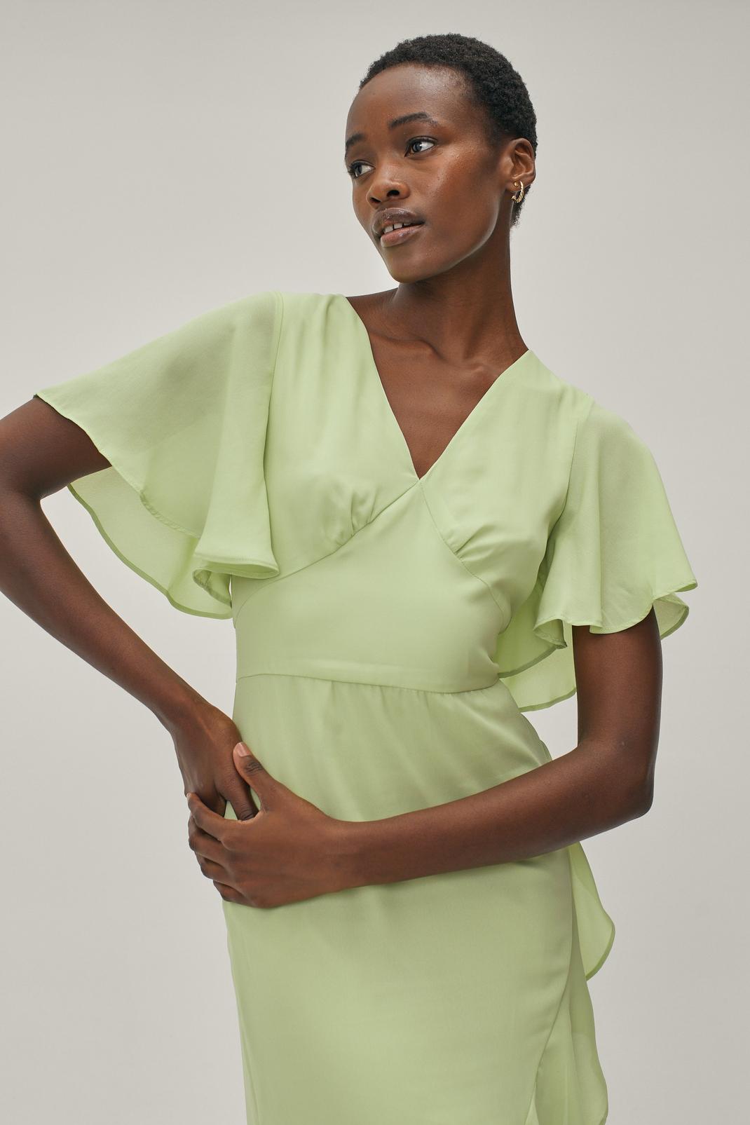 Bright green Angel Sleeve Ruffle Detail Satin Maxi Dress image number 1