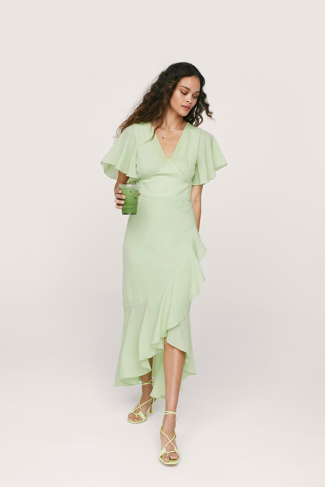 Lime Angel Sleeve Ruffle Detail Satin Maxi Dress image number 1