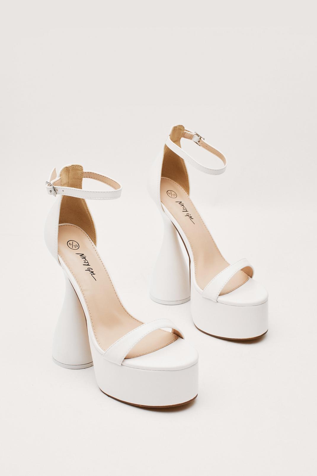 White Faux Leather Strappy Spool Heel Platform Shoes image number 1